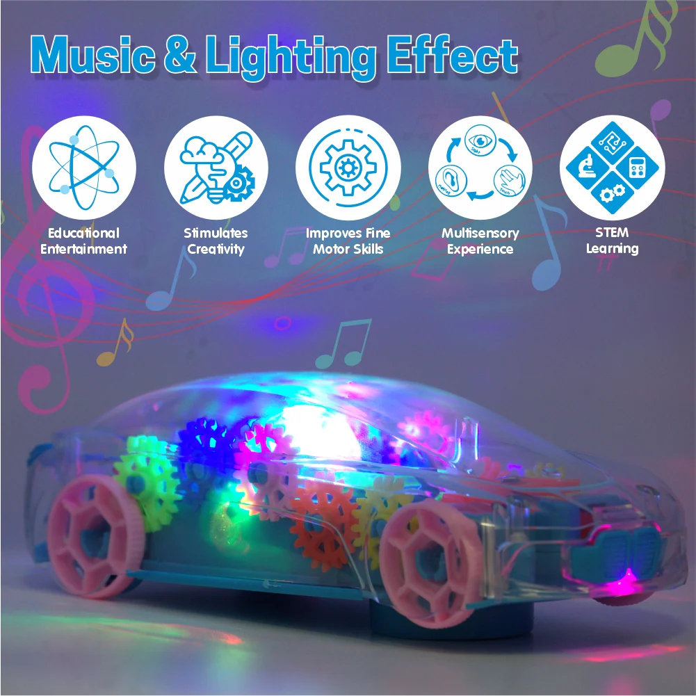 Chanak Transparent Gear Car Toy for Kids 3+ Years | 360° Rotation with Music & Lights – BIS Approved (Sky Blue) - Image 6