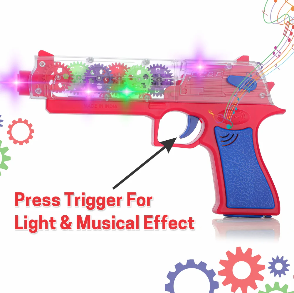 Chanak Electric Gear Gun Toy for Kids 3+ Years | Moving Gears, Music & Lights – BIS Approved (Red) - Image 3