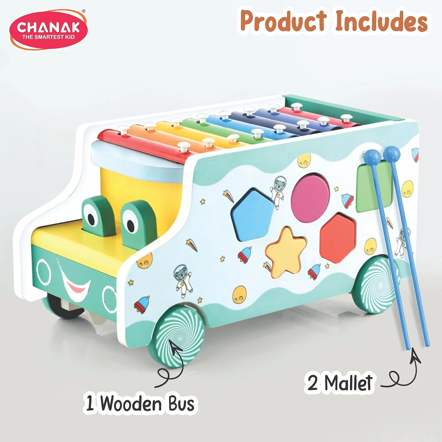 Chanak Wooden Activity Bus for Kids 3+ Years | 6-in-1 Montessori Musical Shape Sorter Toy – BIS Approved - Image 4