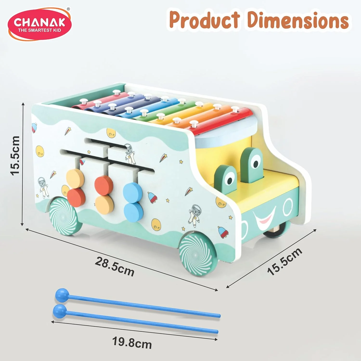 Chanak Wooden Activity Bus for Kids 3+ Years | 6-in-1 Montessori Musical Shape Sorter Toy – BIS Approved - Image 5