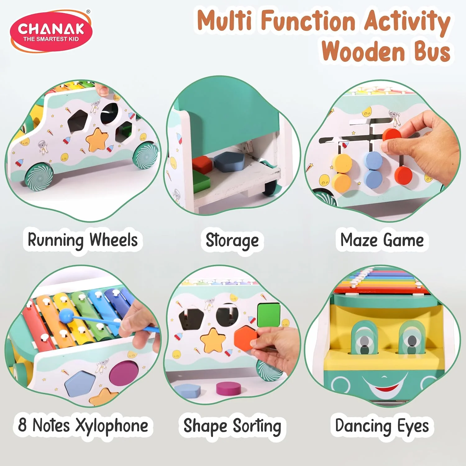 Chanak Wooden Activity Bus for Kids 3+ Years | 6-in-1 Montessori Musical Shape Sorter Toy – BIS Approved - Image 6