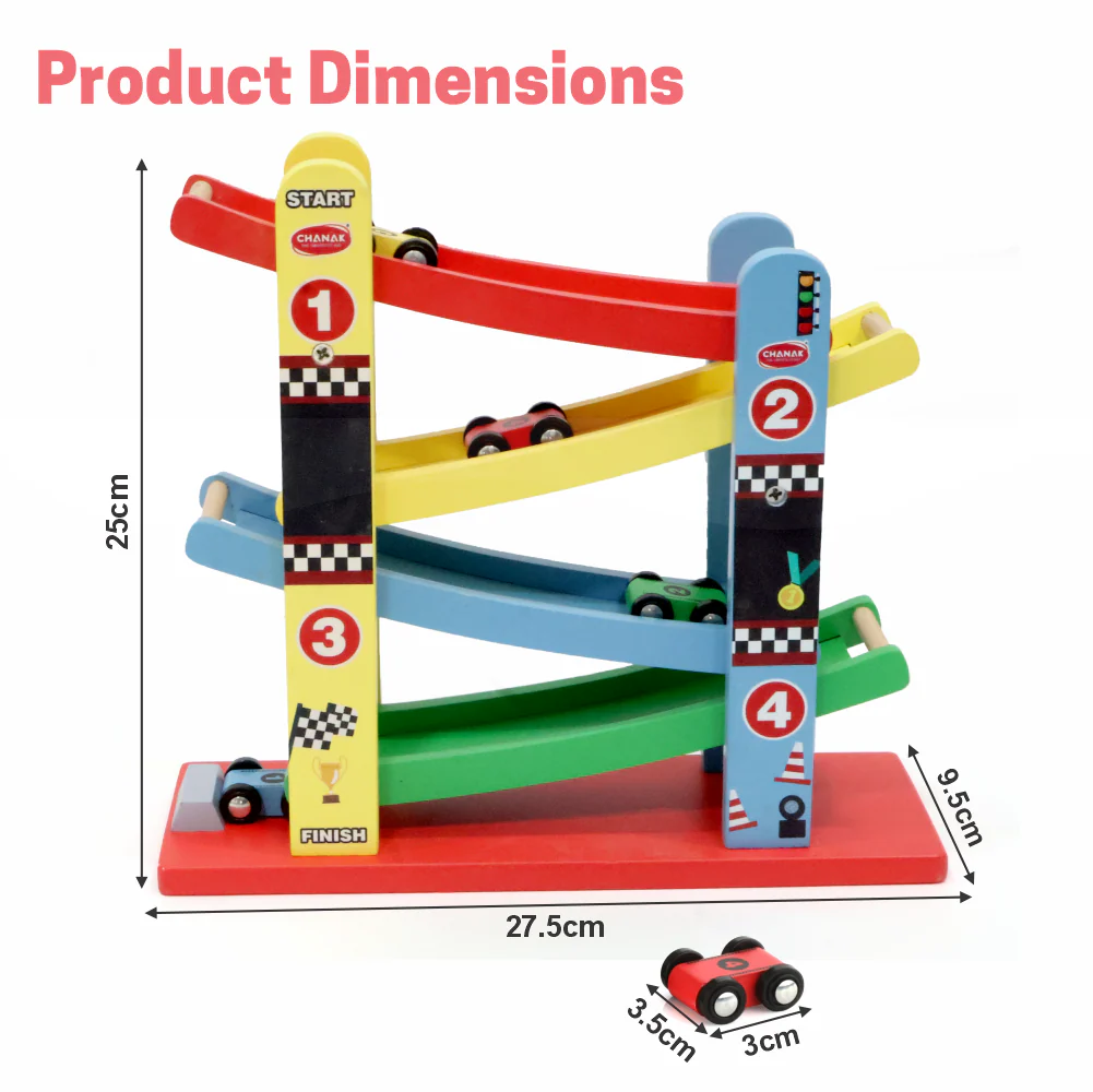 Chanak Wooden Ramp Racer Toy for Kids 3+ Years | 4 Mini Cars with Multilevel Twisting Track – BIS Approved - Image 6