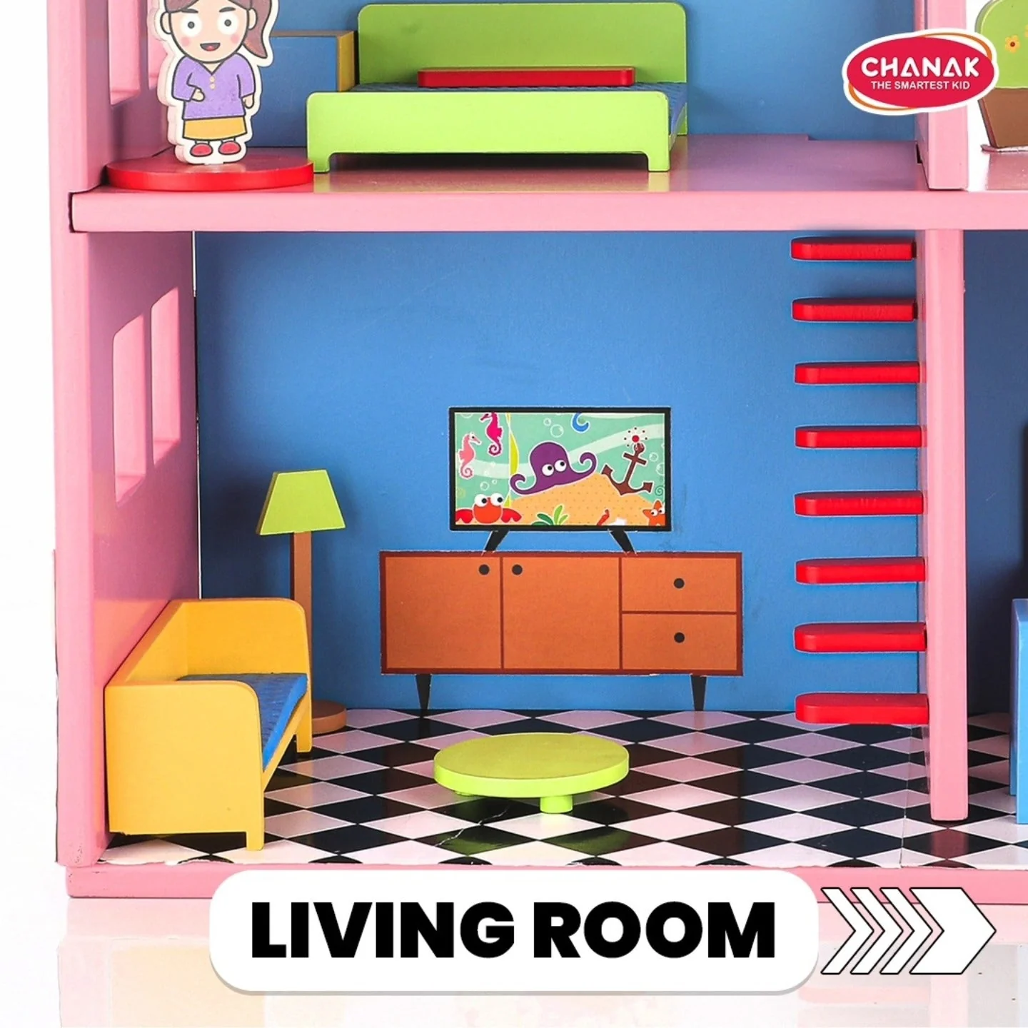 Chanak Wooden Doll House for Girls 3+ Years | 4-Room Pretend Play Set, Non-Toxic Colors – BIS Approved (16 Pcs) - Image 4