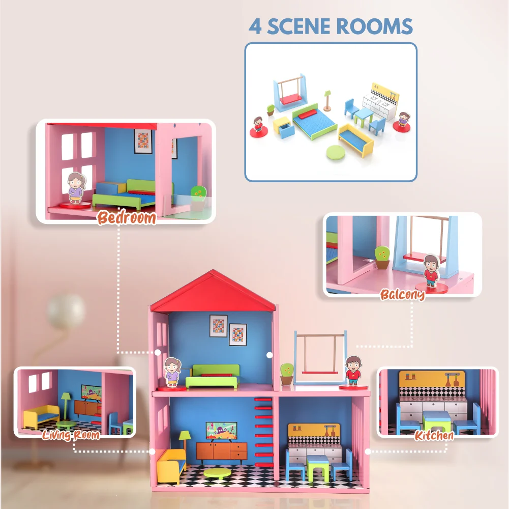 Chanak Wooden Doll House for Girls 3+ Years | 4-Room Pretend Play Set, Non-Toxic Colors – BIS Approved (16 Pcs) - Image 6