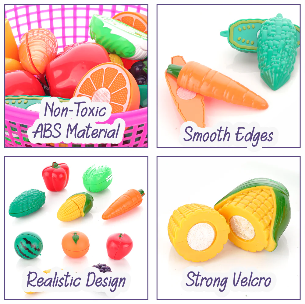 Chanak Fruit & Vegetable Cutting Toy Set for Kids | Combo Basket with Chopper Board & Knife – BIS Approved (Pink) - Image 5