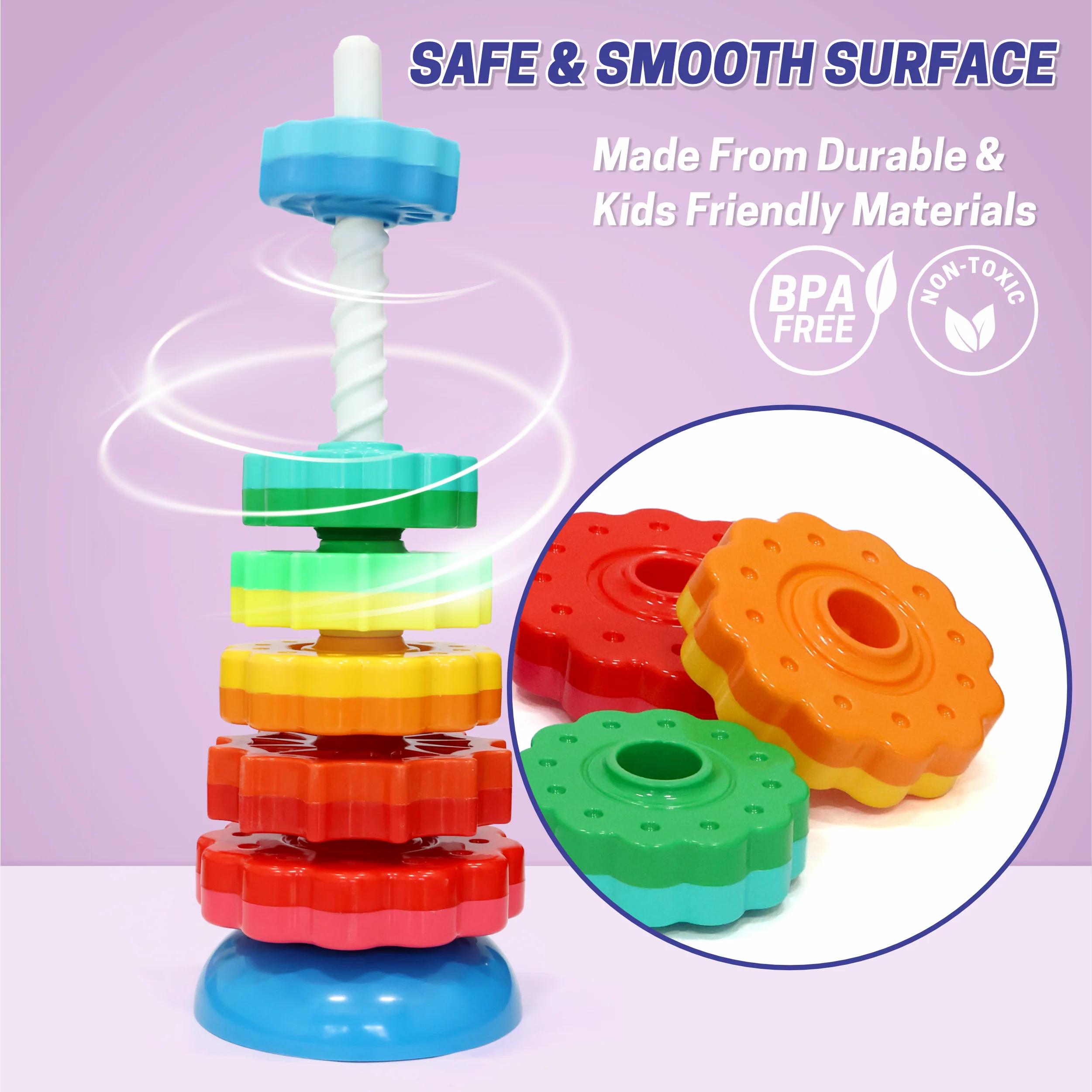 Chanak Spinning Stacking Tower Toy for Kids 1+ Year | Rainbow Spin Tower, BPA Free Non-Toxic – BIS Approved - Image 6