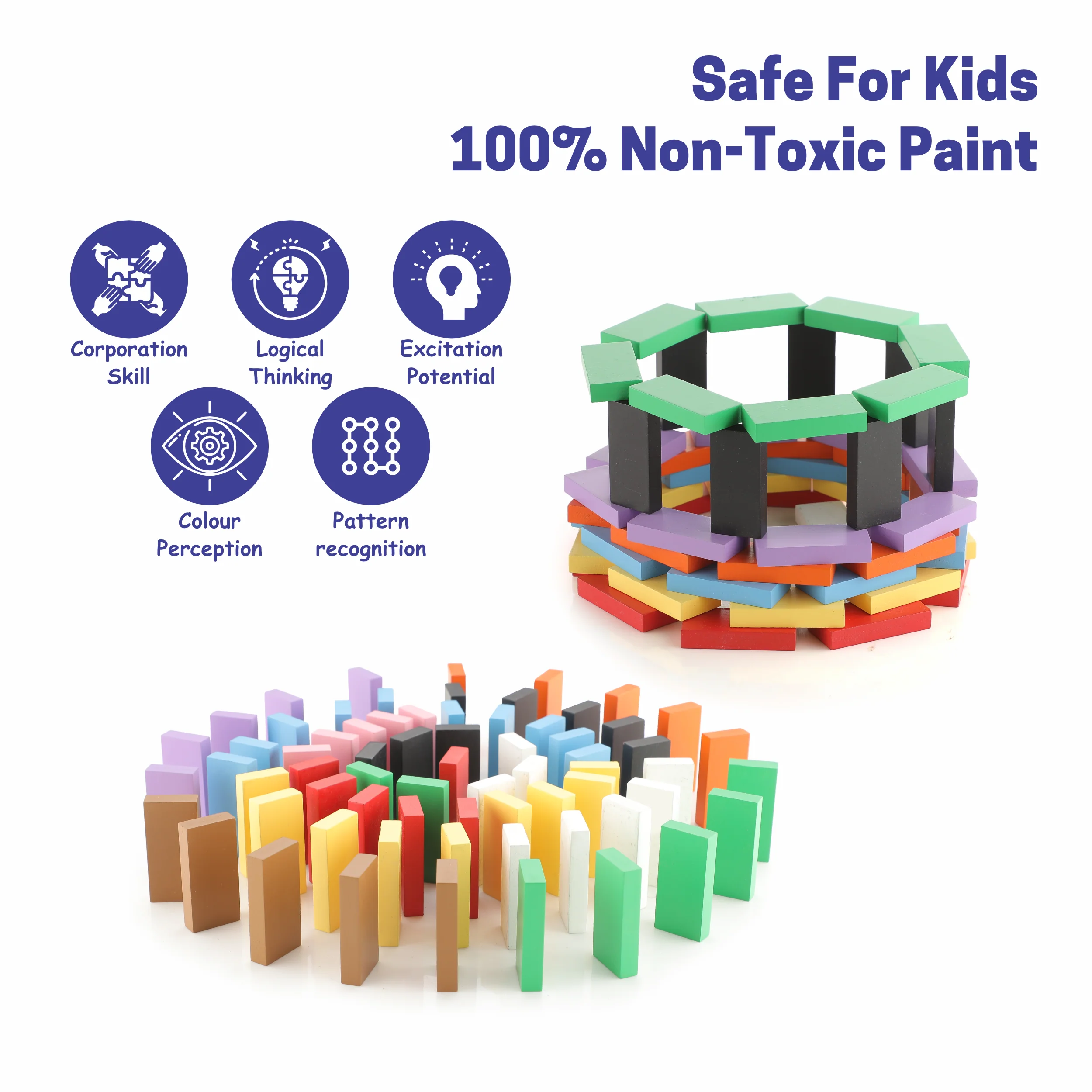 Chanak Wooden Domino Blocks for Kids 3+ Years | 100 Pcs Colourful Stacking Building Blocks – BIS Approved - Image 5