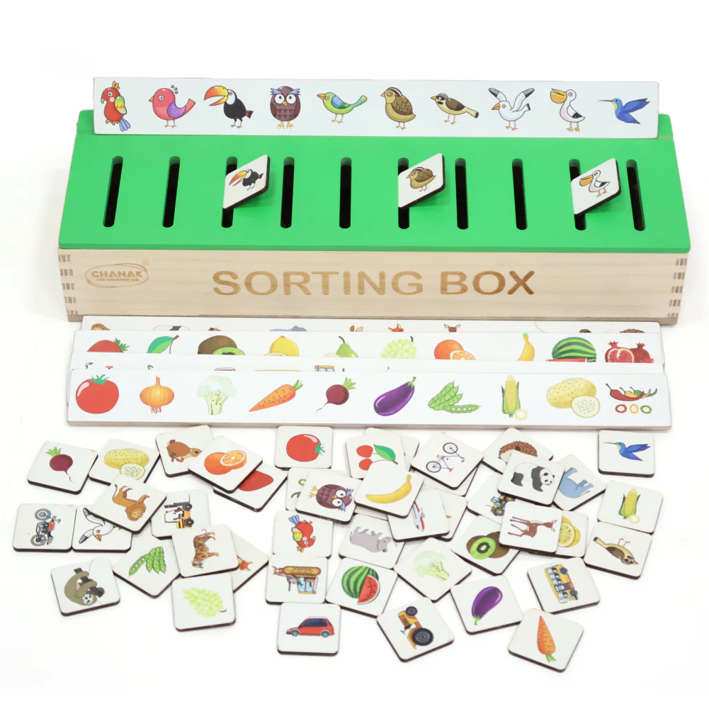 Chanak Wooden Sorting Box for Kids 1+ Year | 55 Pcs Montessori Animals, Fruits & Vegetables Matching Puzzle – BIS Approved