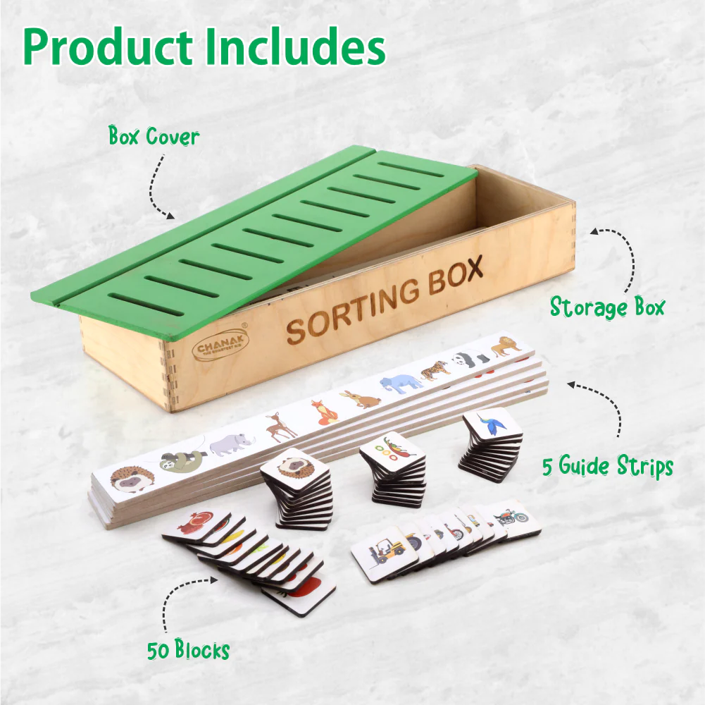 Chanak Wooden Sorting Box for Kids 1+ Year | 55 Pcs Montessori Animals, Fruits & Vegetables Matching Puzzle – BIS Approved - Image 2