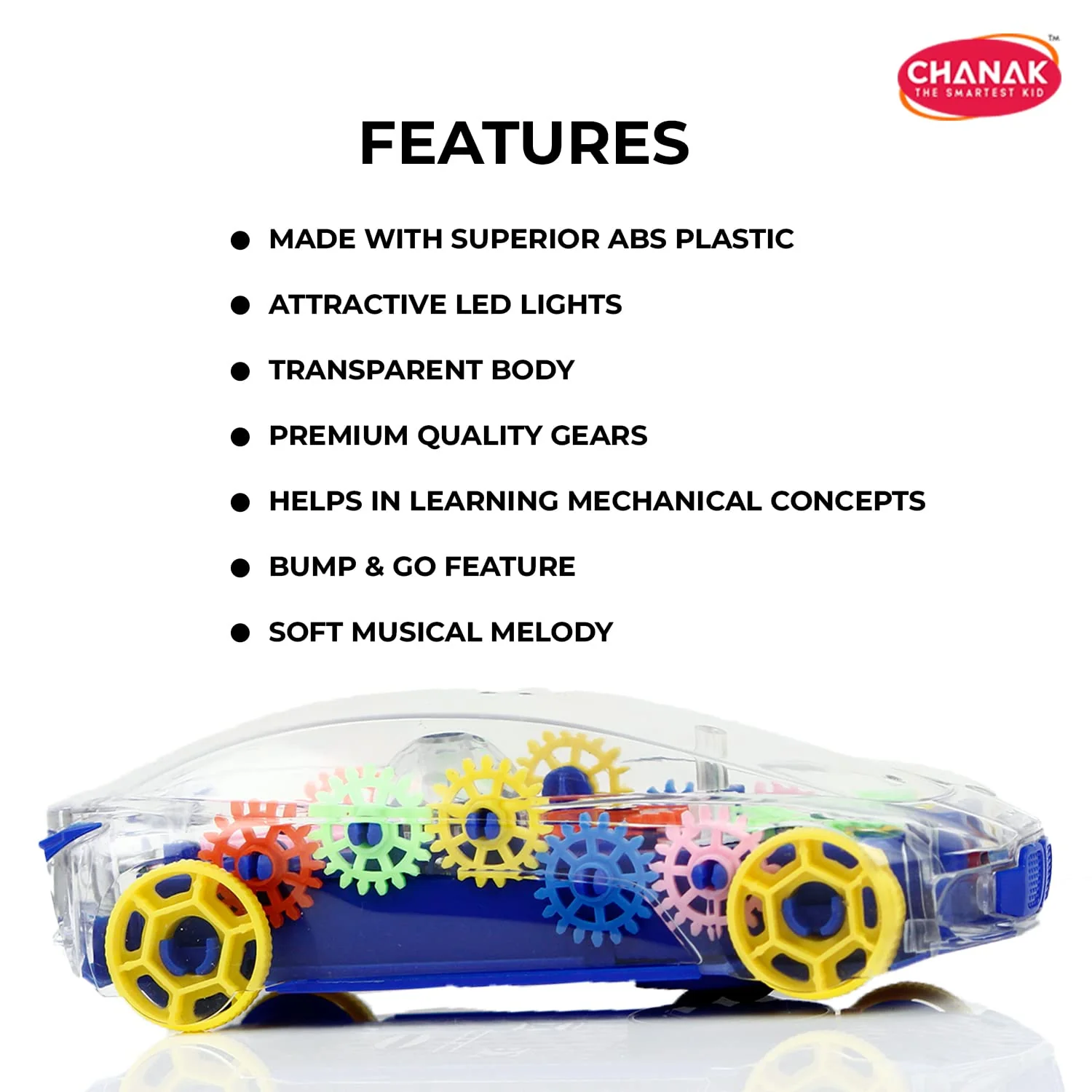 Chanak Transparent Gear Car Toy for Kids 3+ Years | 360° Rotation with Music & Lights – BIS Approved (Dark Blue) - Image 3