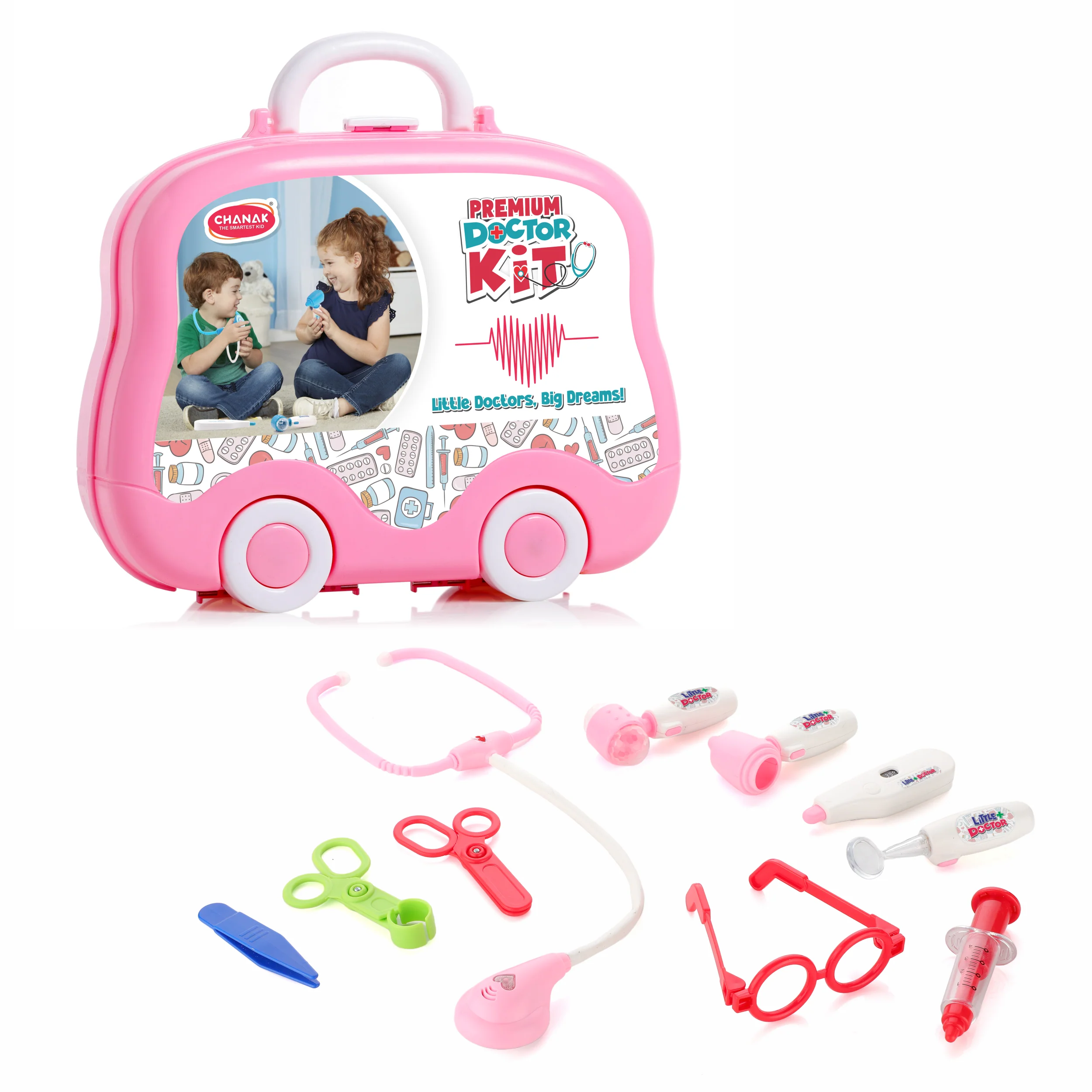 Chanak Doctor Kit for Kids 3+ Years | 10 Pc LED Instrument Set with Suitcase – BIS Approved (Pink)