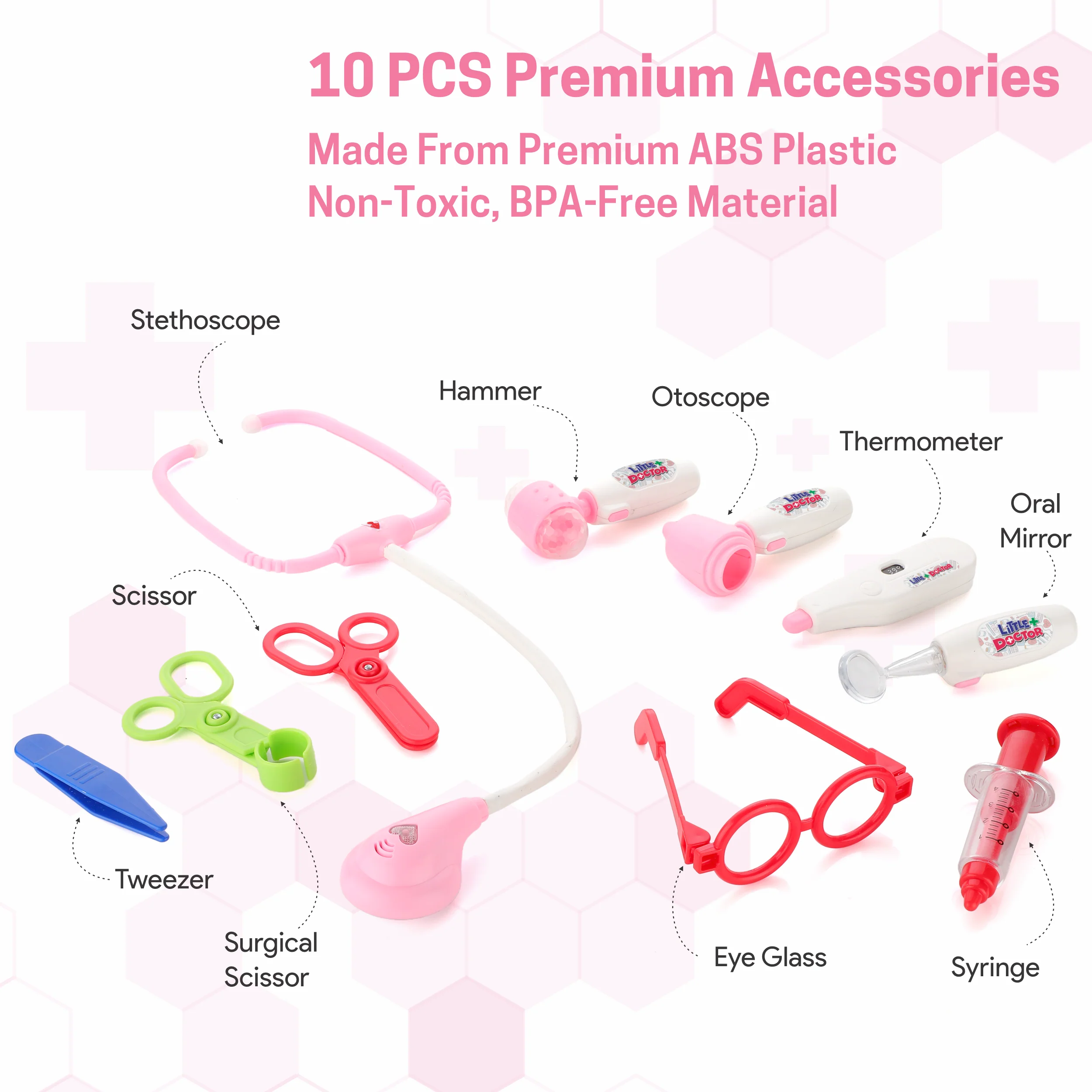 Chanak Doctor Kit for Kids 3+ Years | 10 Pc LED Instrument Set with Suitcase – BIS Approved (Pink) - Image 3