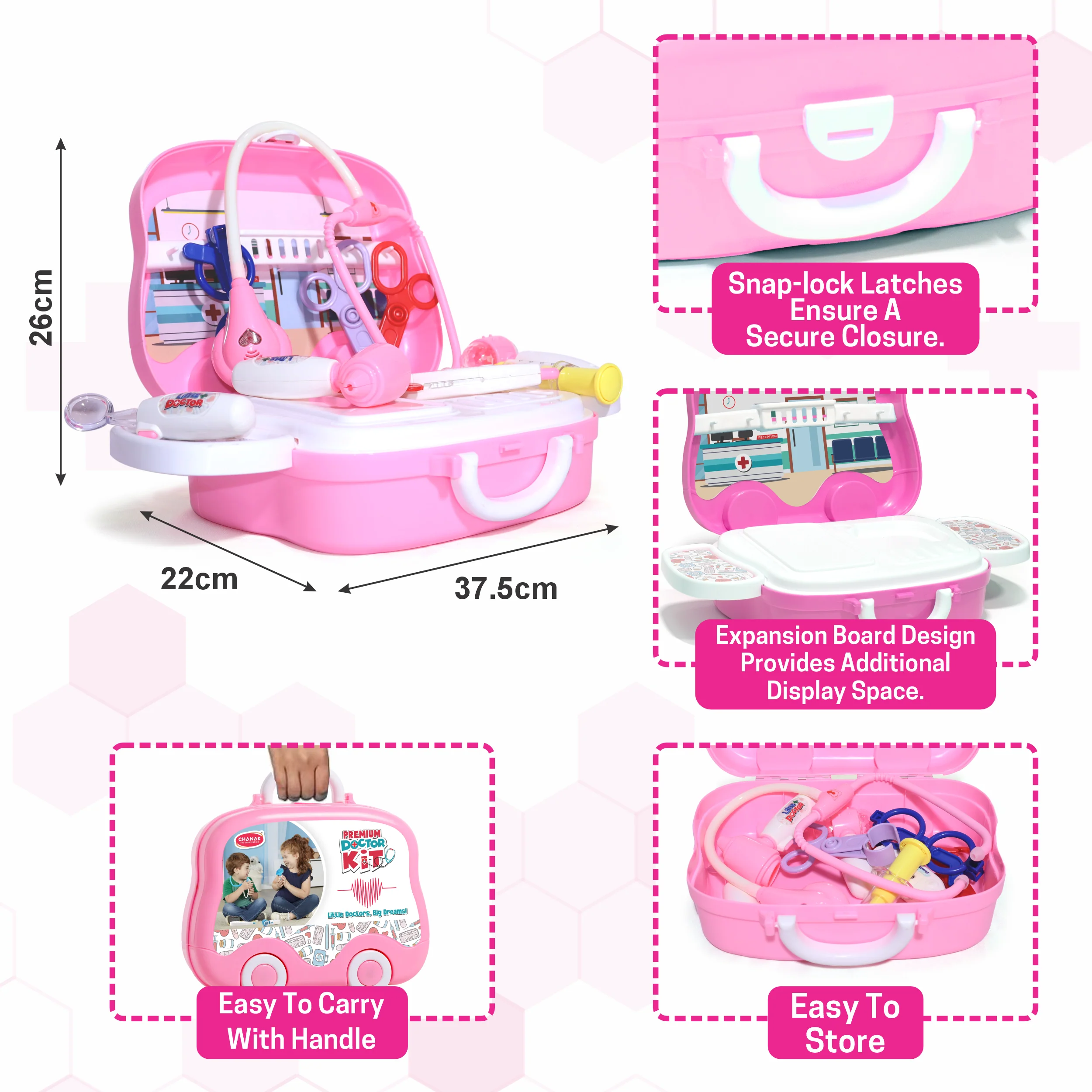 Chanak Doctor Kit for Kids 3+ Years | 10 Pc LED Instrument Set with Suitcase – BIS Approved (Pink) - Image 7