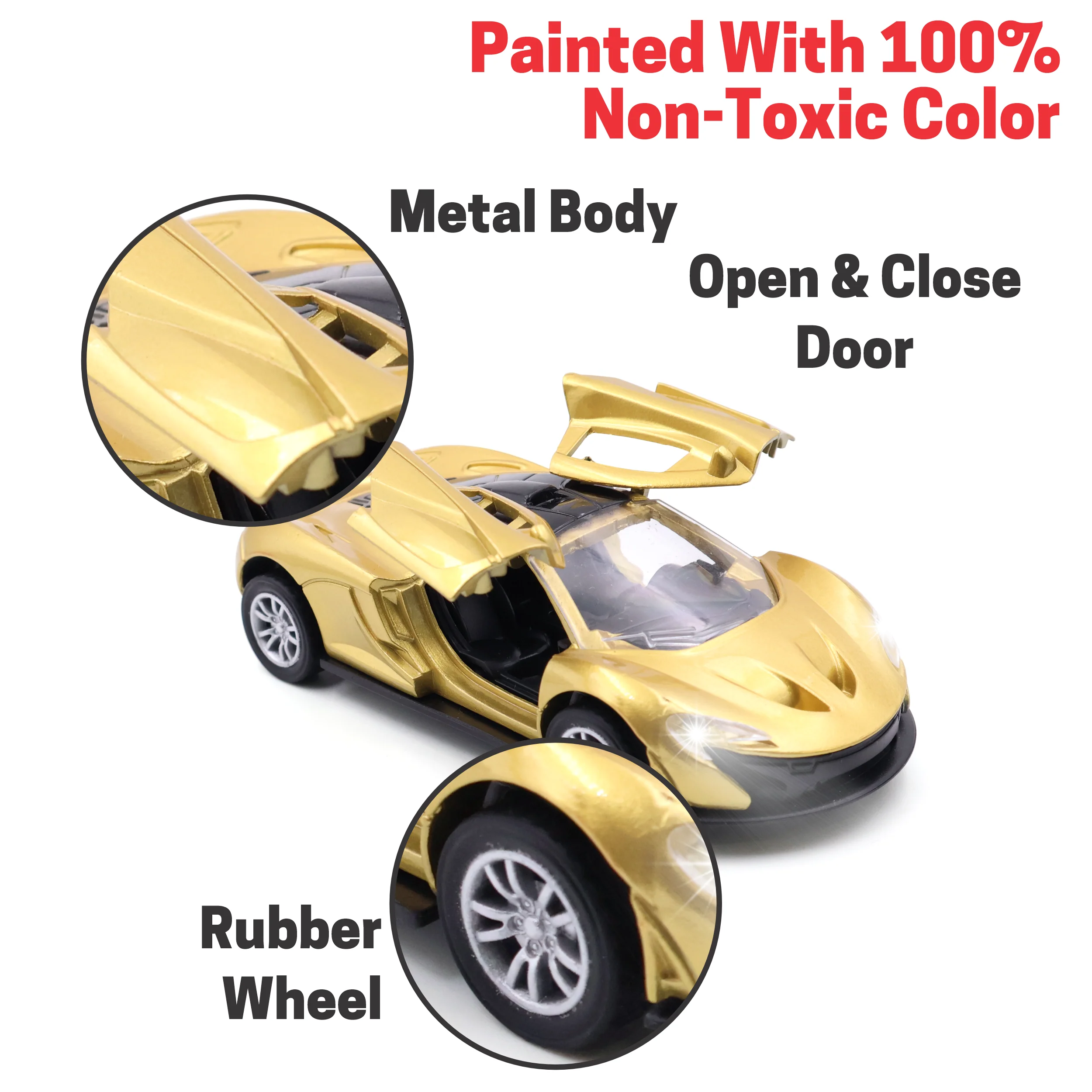Chanak Die-Cast Metal Pull Back Car for Kids 3+ Years | LED Lights & Realistic Engine Sound – BIS Approved (Gold) - Image 3