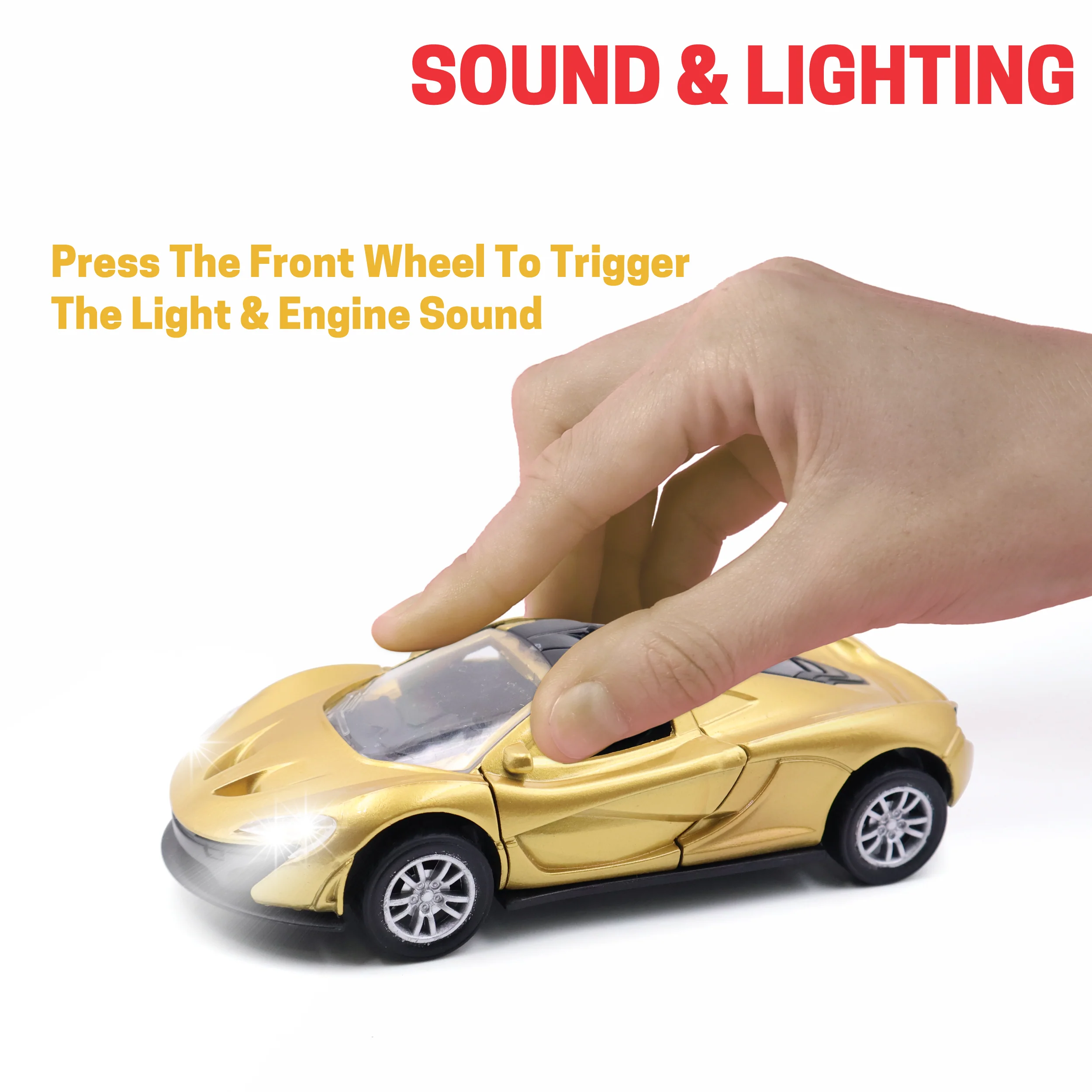 Chanak Die-Cast Metal Pull Back Car for Kids 3+ Years | LED Lights & Realistic Engine Sound – BIS Approved (Gold) - Image 4