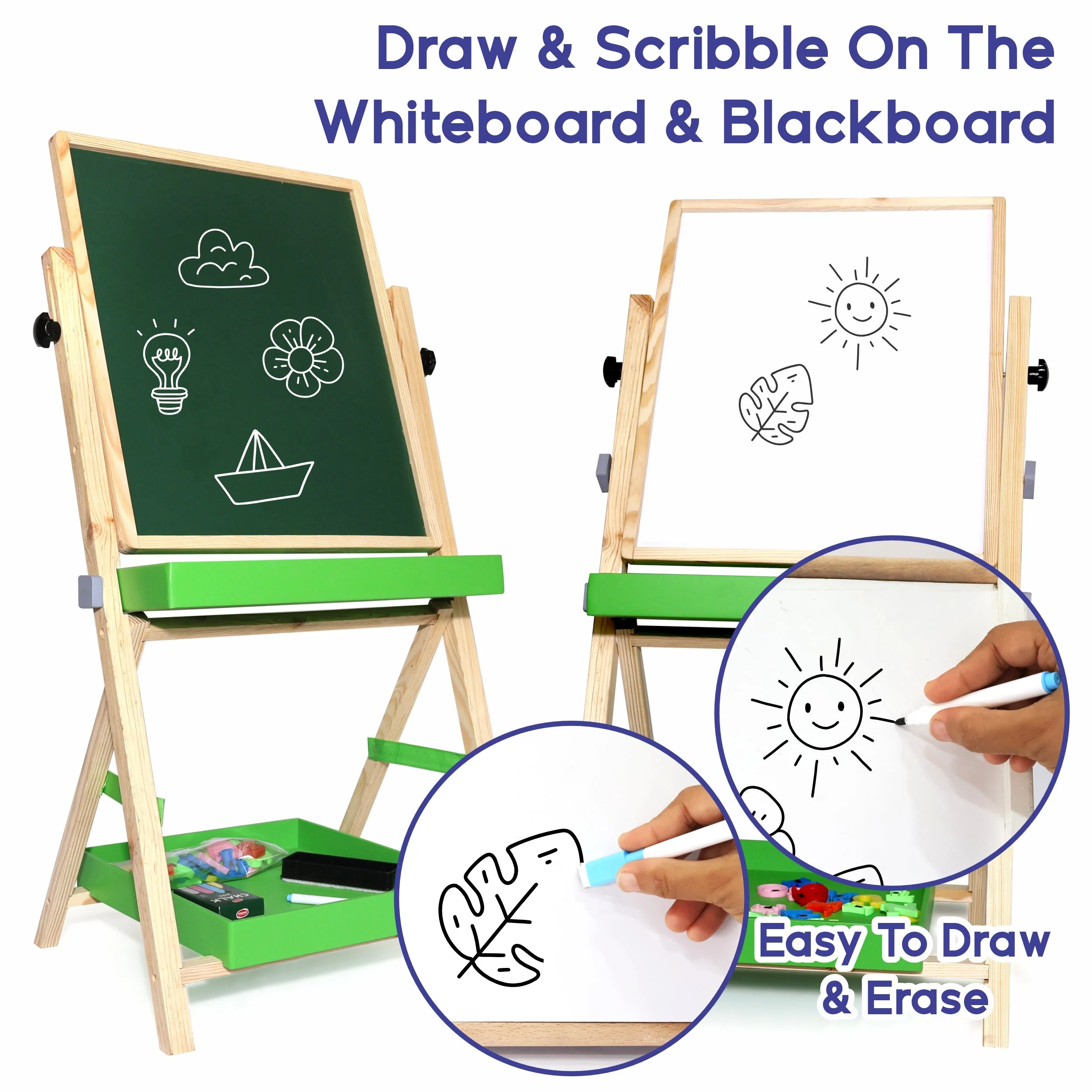 Chanak 2-in-1 Wooden Easel Board for Kids 3+ Years | Magnetic Whiteboard & Chalkboard with Alphabets & Numbers – BIS Approved - Image 5