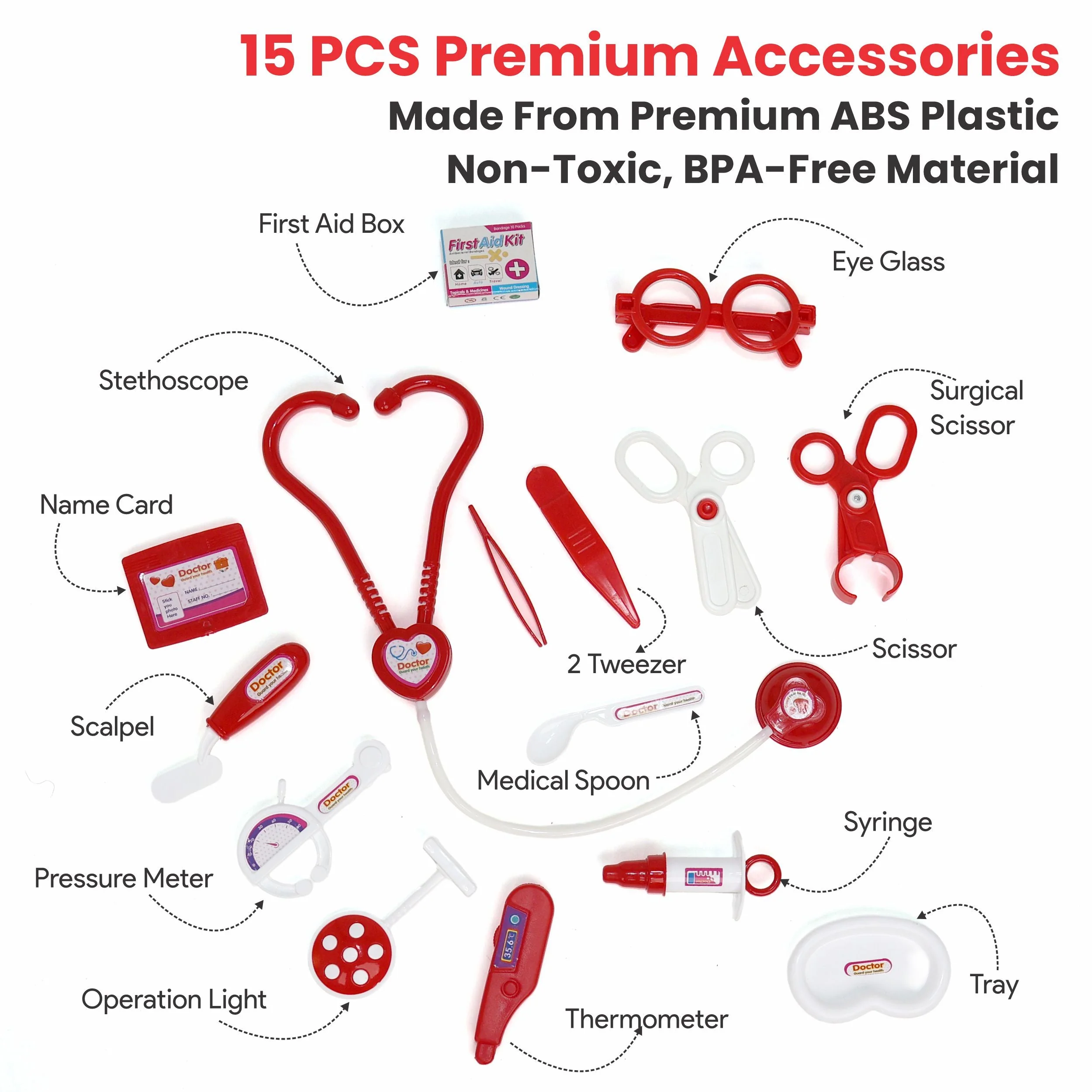 Chanak Doctor Kit for Kids | 15 Pc Pretend Play Set with Foldable Suitcase – BIS Approved (Red & White) - Image 3