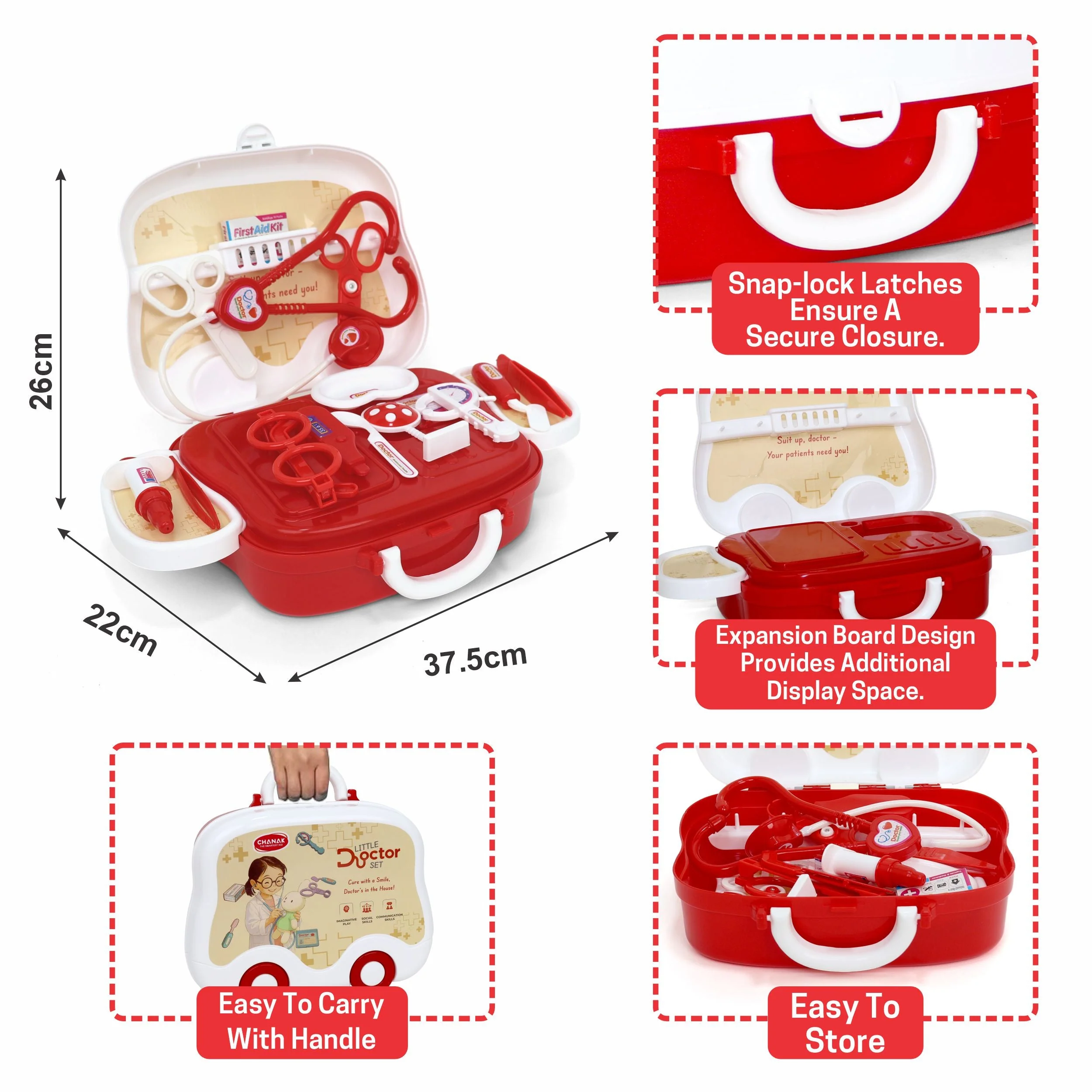 Chanak Doctor Kit for Kids | 15 Pc Pretend Play Set with Foldable Suitcase – BIS Approved (Red & White) - Image 4