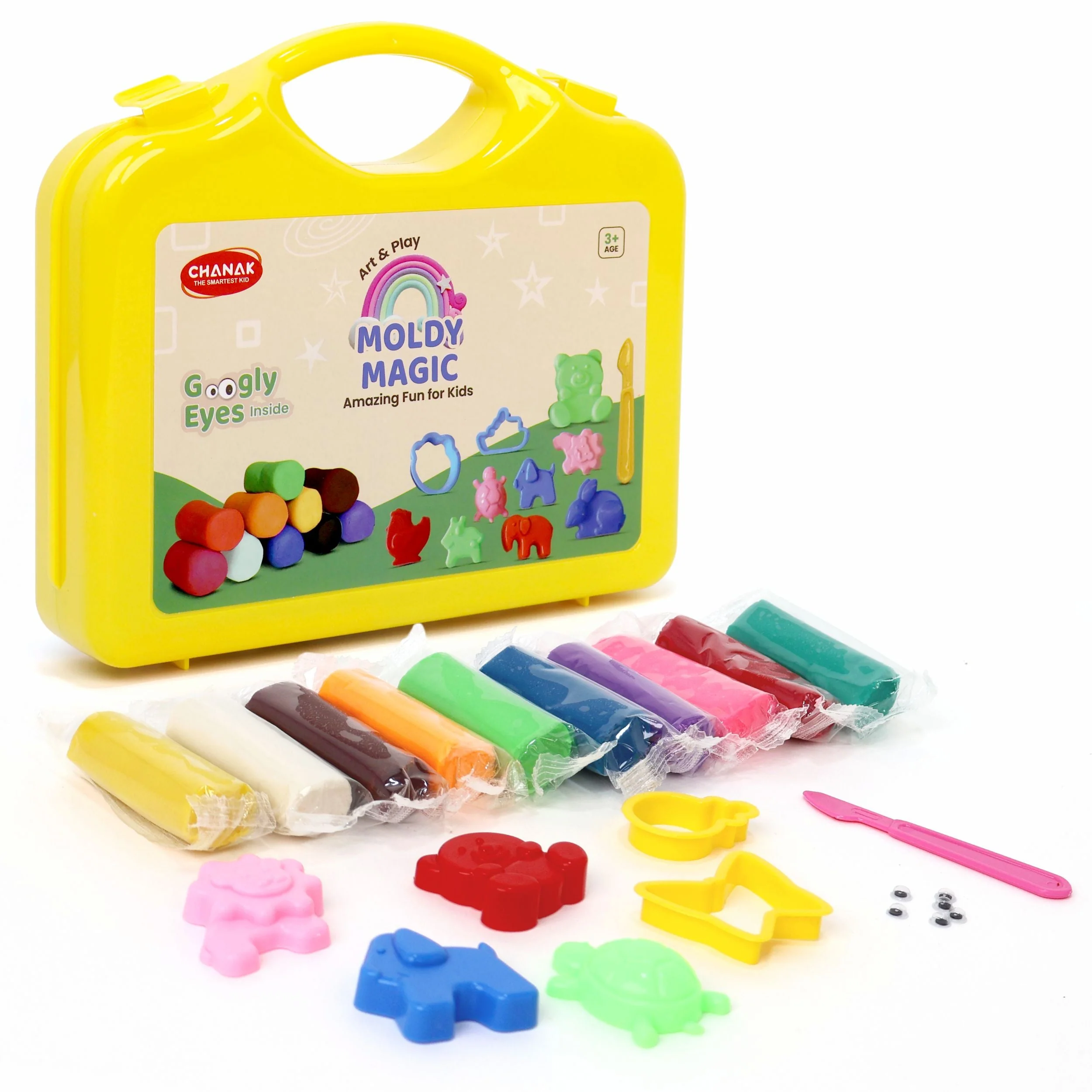 Chanak Play Dough Set for Kids 3+ Years | 10 Colour Non-Toxic Dough with Sculpting Tools & Foldable Suitcase – BIS Approved (Yellow)