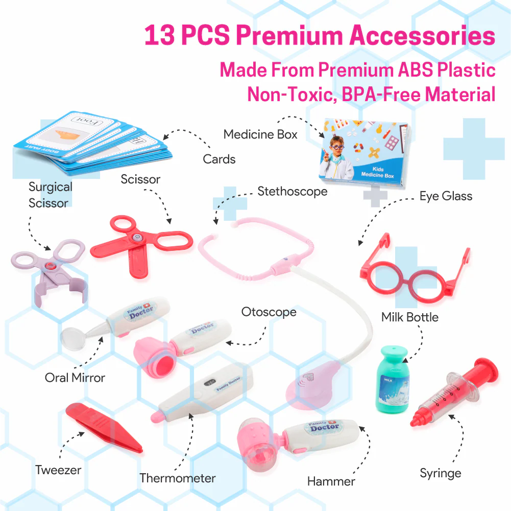 Chanak Doctor Kit for Kids 3+ Years | 13 Pc LED Instrument Set with Trolley – BIS Approved (Blue) - Image 6