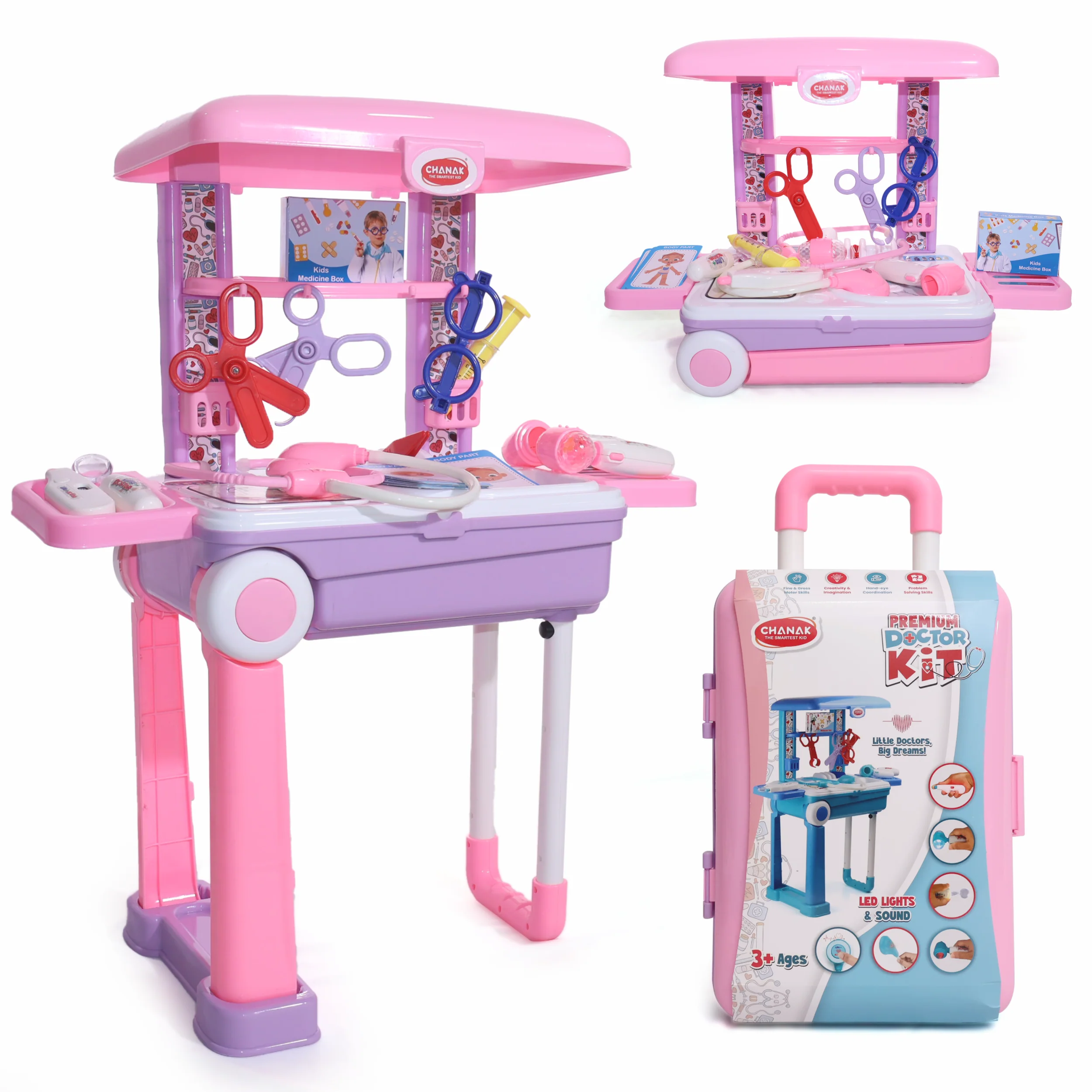 Chanak Doctor Kit for Kids 3+ Years | 13 Pc LED Instrument Set with Trolley – BIS Approved (Pink)