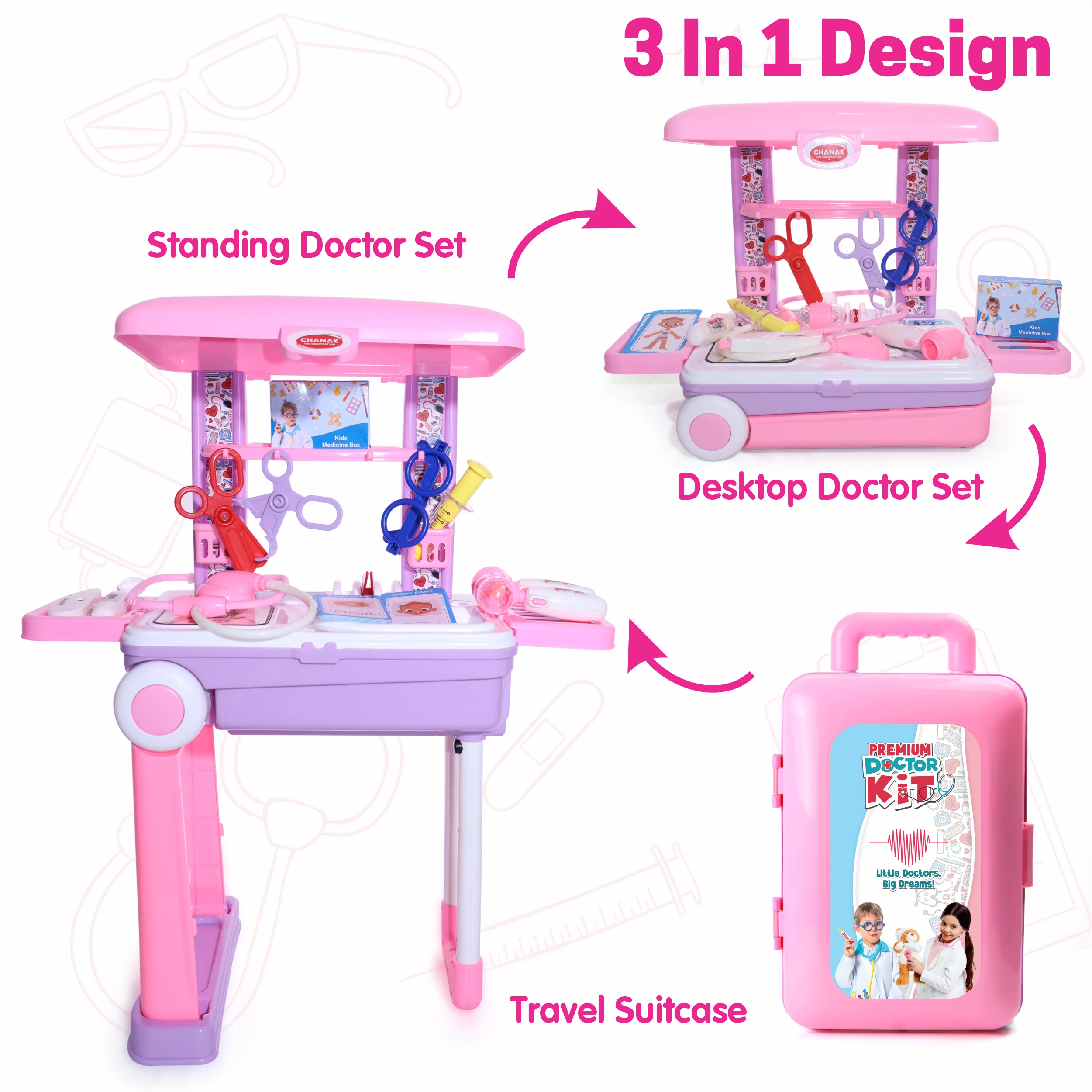 Chanak Doctor Kit for Kids 3+ Years | 13 Pc LED Instrument Set with Trolley – BIS Approved (Pink) - Image 2