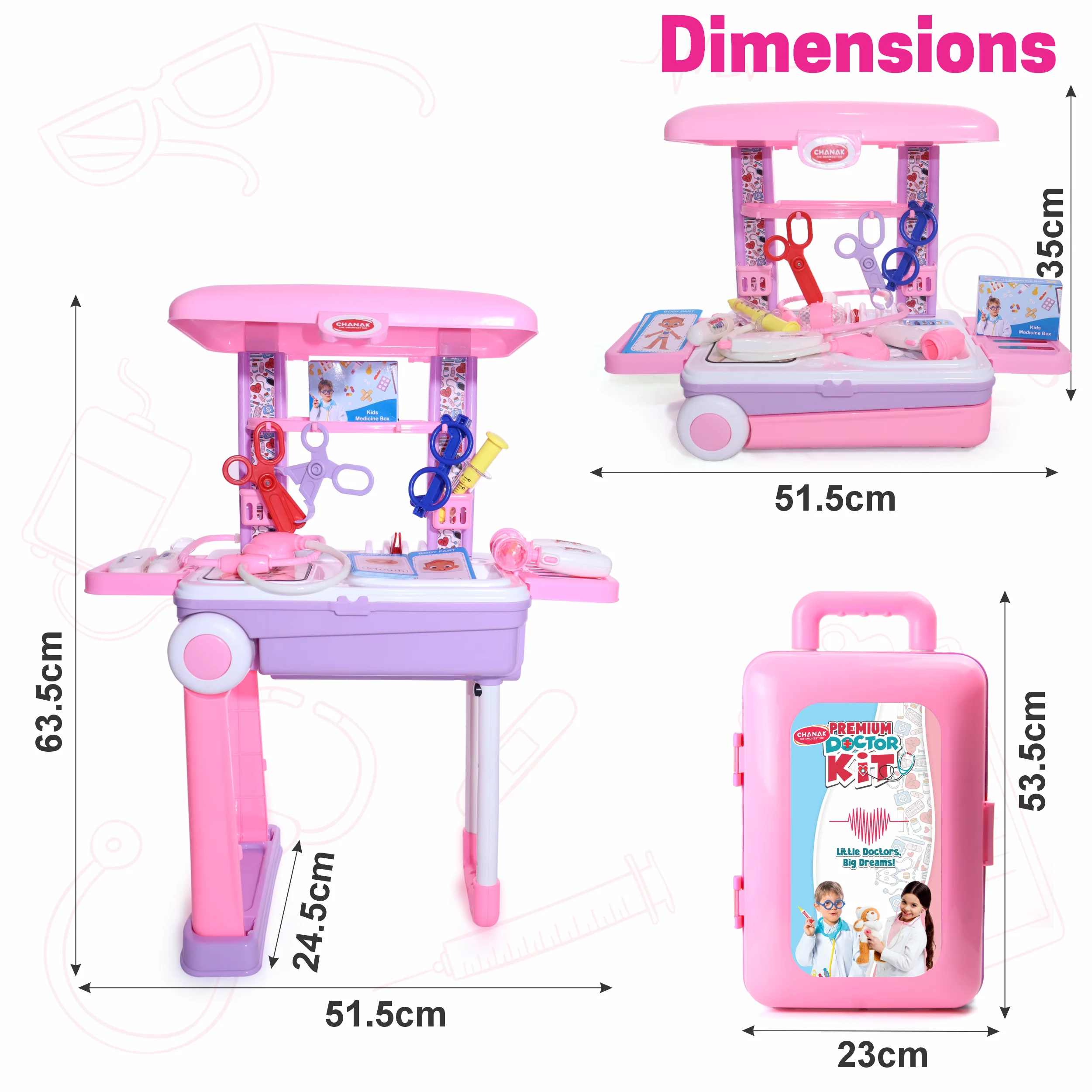 Chanak Doctor Kit for Kids 3+ Years | 13 Pc LED Instrument Set with Trolley – BIS Approved (Pink) - Image 6