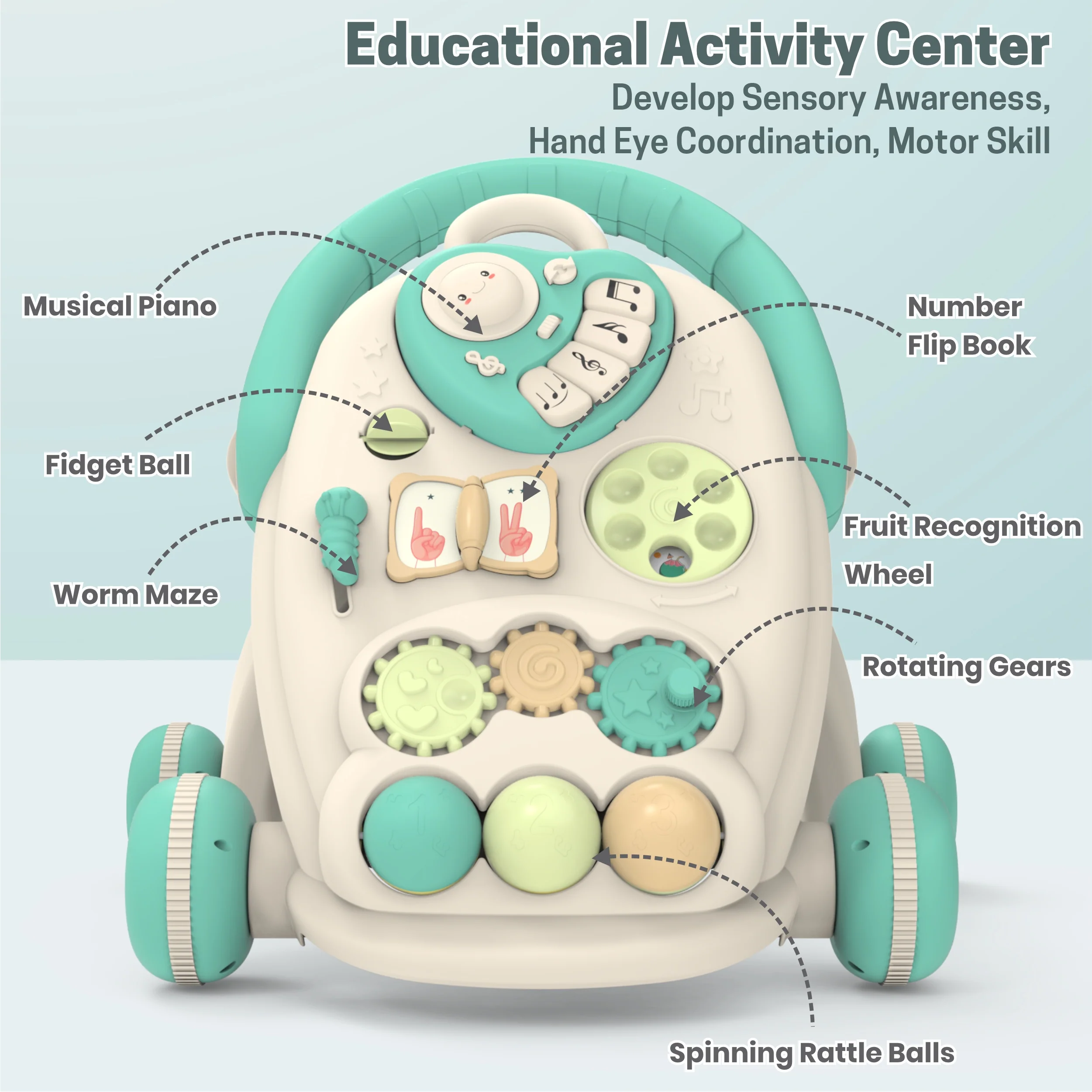 Chanak Happy Feet Baby Walker for 9+ Months | Adjustable Speed, Anti-Slip Wheels, Music & Activity Centre – BIS Approved (Turguoise) - Image 8