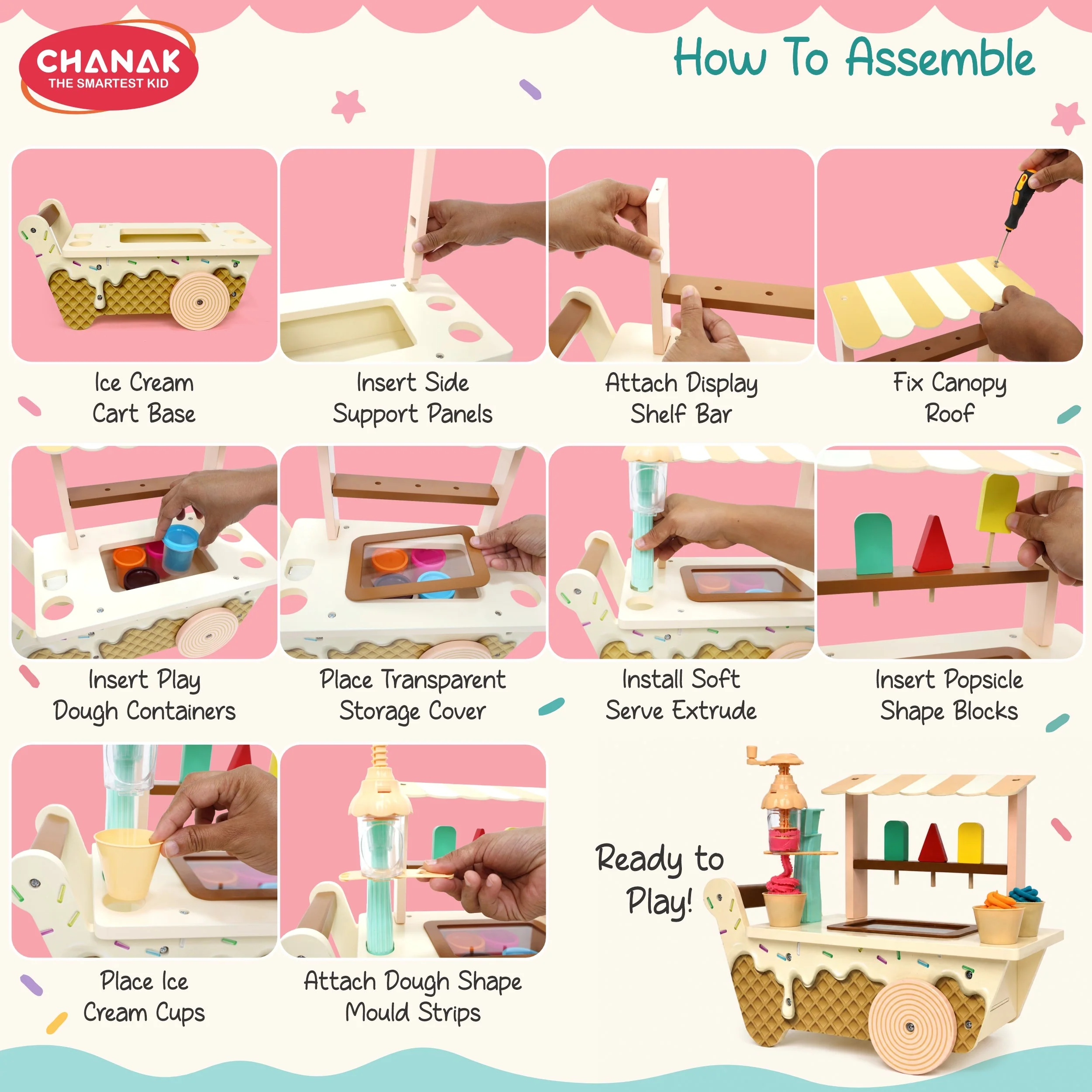 Chanak Wooden Ice Cream Cart Play Dough Set for Kids 3+ Years | Non-Toxic Clay Machine Montessori Pretend Play – BIS Approved - Image 5