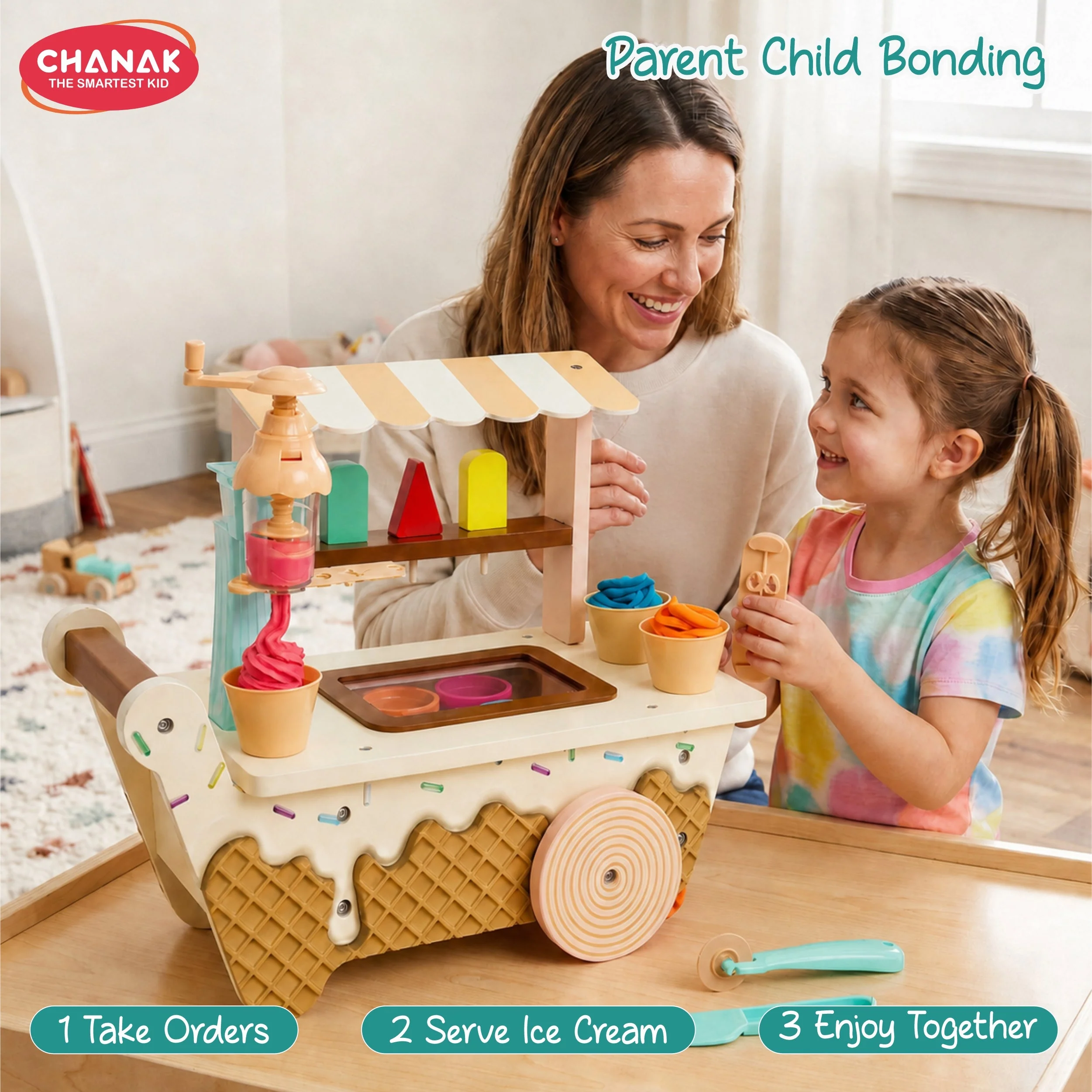 Chanak Wooden Ice Cream Cart Play Dough Set for Kids 3+ Years | Non-Toxic Clay Machine Montessori Pretend Play – BIS Approved - Image 7