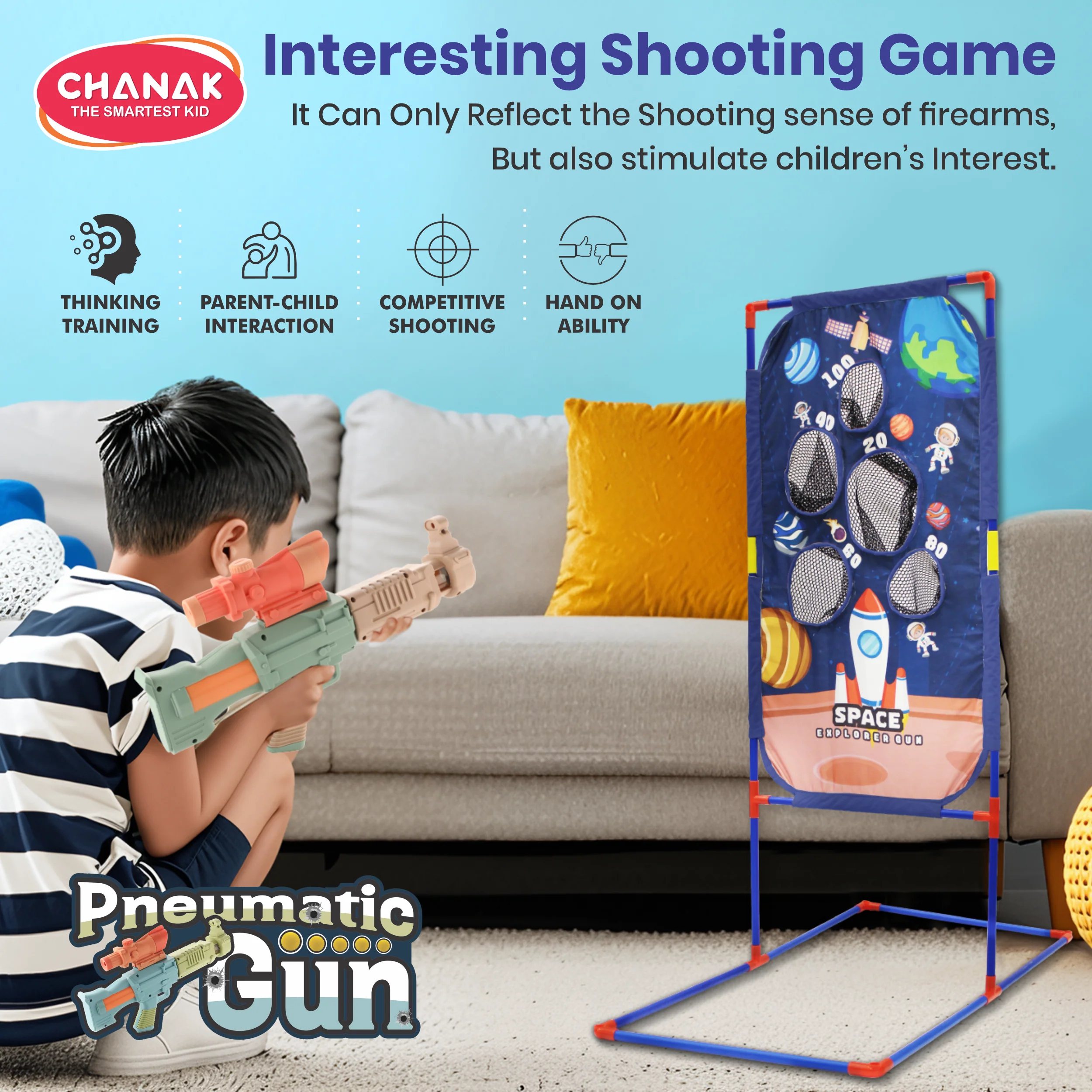 Chanak Pneumatic Gun Toy for Kids 5+ Years | Pack of 2 with 48 Foam Balls & Scoring Net – BIS Approved (Brown) - Image 3