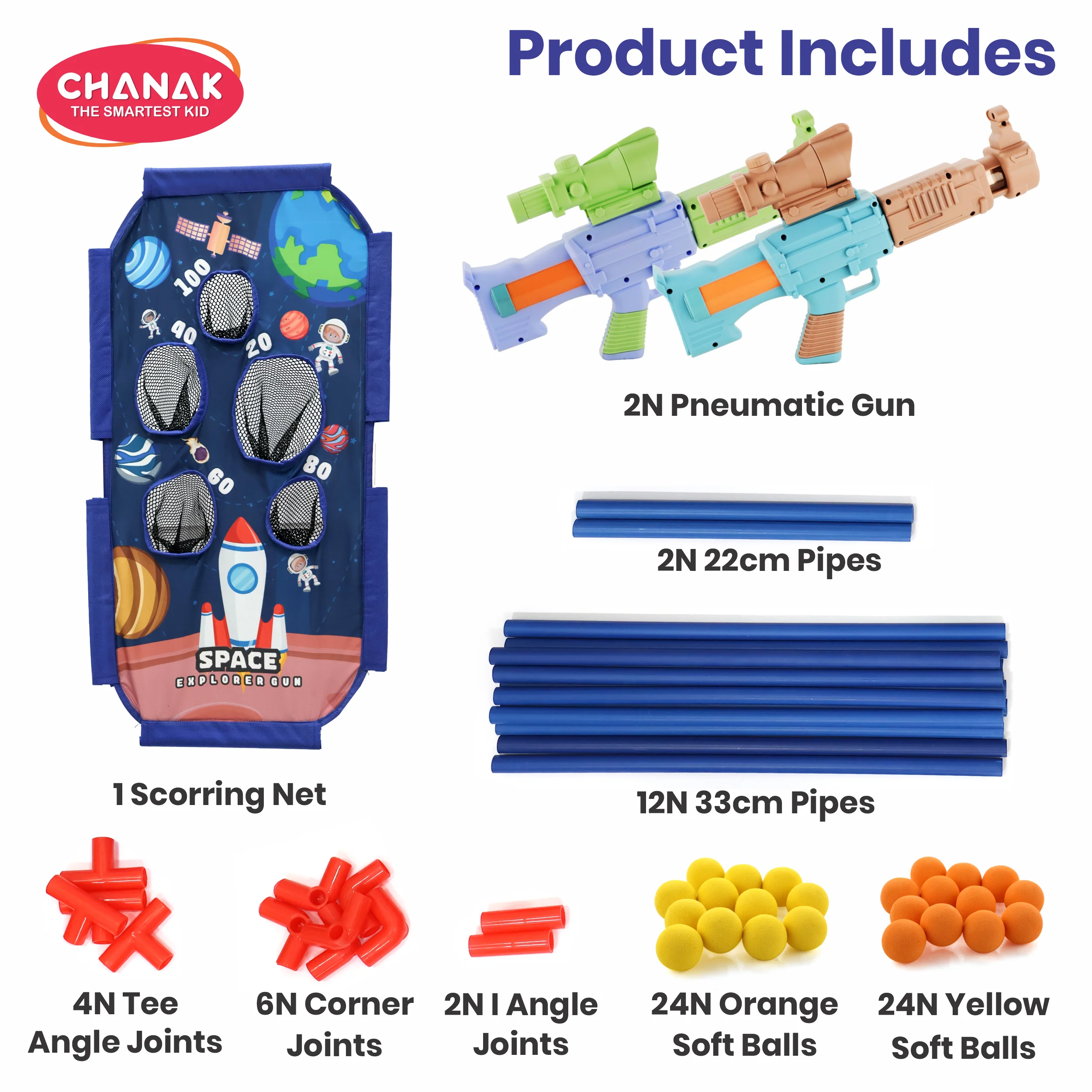 Chanak Pneumatic Gun Toy for Kids 5+ Years | Pack of 2 with 48 Foam Balls & Scoring Net – BIS Approved (Brown) - Image 4