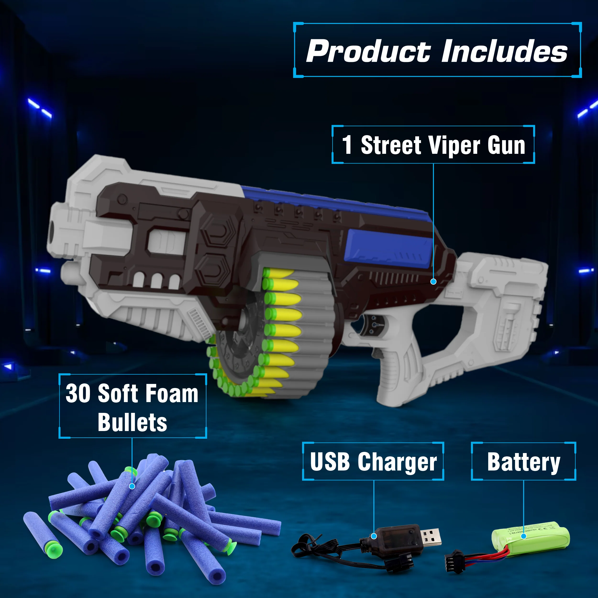 Chanak Motorized Dart Blaster Gun for Kids 5+ Years | 30 Foam Bullets, 60 Feet Range, Rechargeable – BIS Approved (Grey-Black) - Image 6