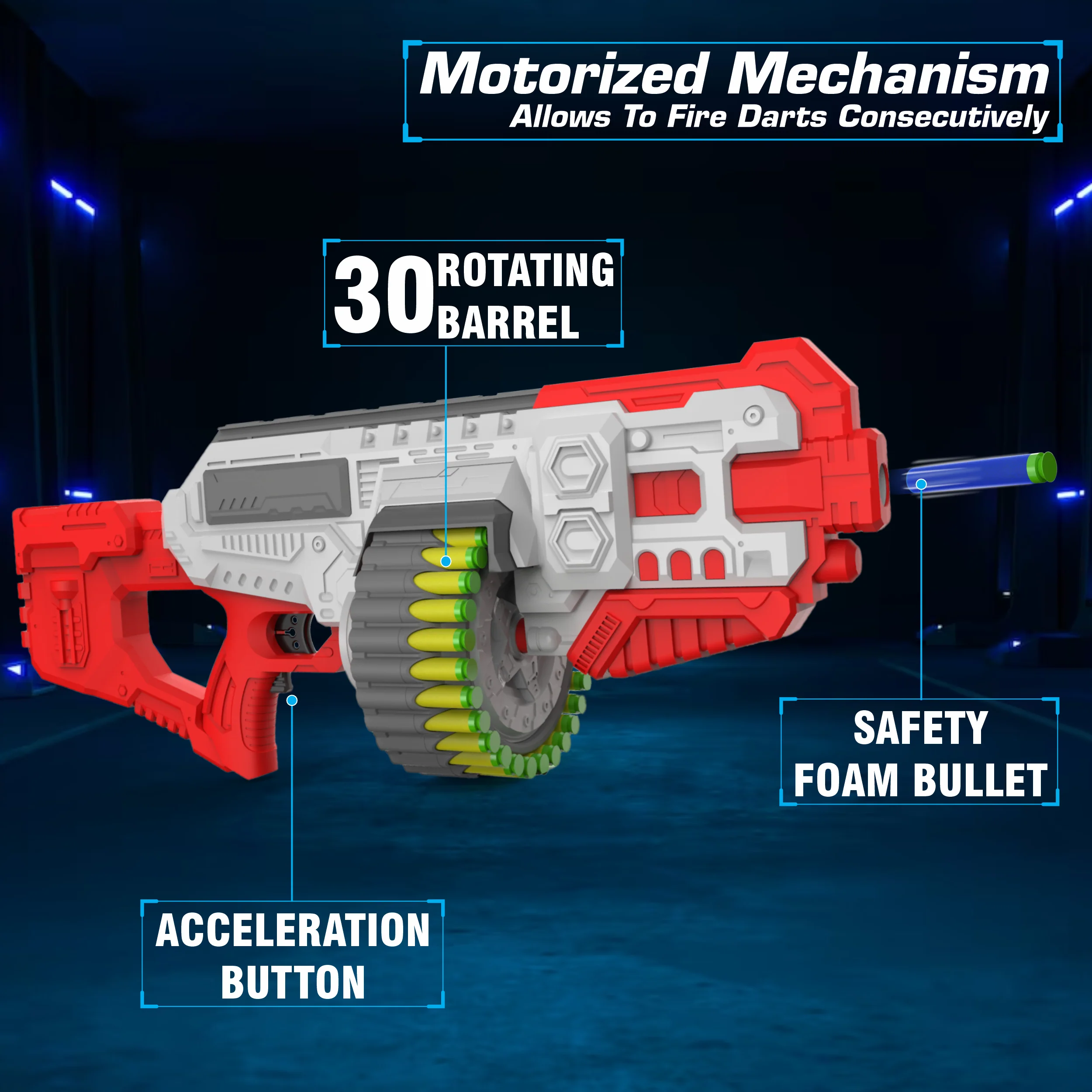 Chanak Motorized Dart Blaster Gun for Kids 5+ Years | 30 Foam Bullets, 60 Feet Range, Rechargeable – BIS Approved (Red-Grey) - Image 3