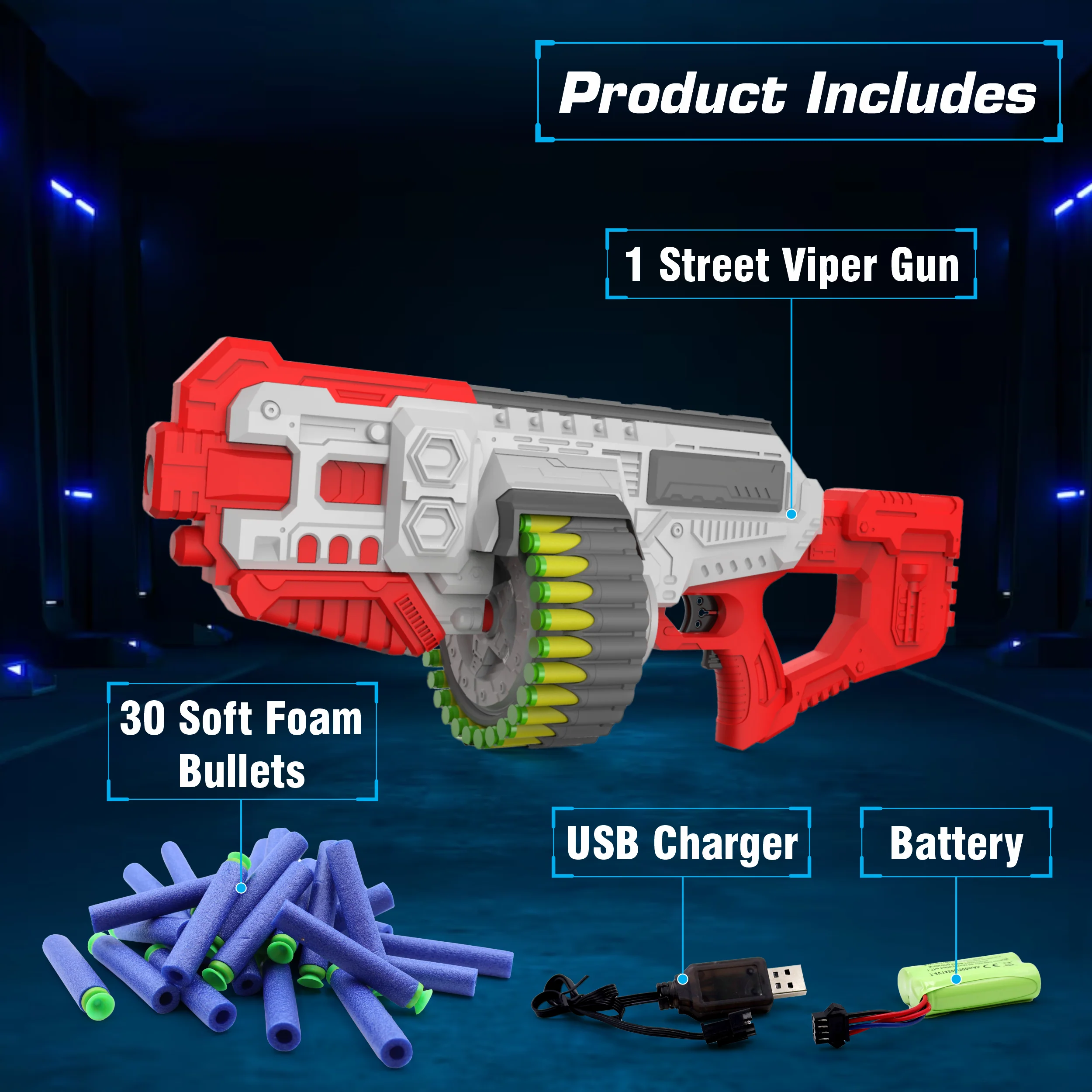 Chanak Motorized Dart Blaster Gun for Kids 5+ Years | 30 Foam Bullets, 60 Feet Range, Rechargeable – BIS Approved (Red-Grey) - Image 7