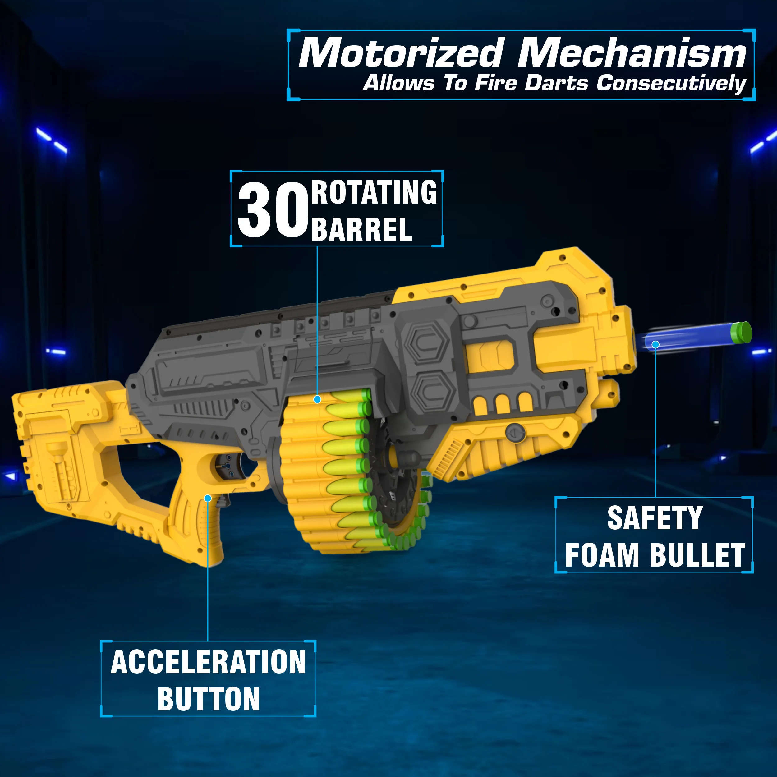 Chanak Motorized Dart Blaster Gun for Kids 5+ Years | 30 Foam Bullets, 60 Feet Range, Rechargeable – BIS Approved (Yellow-Grey) - Image 5