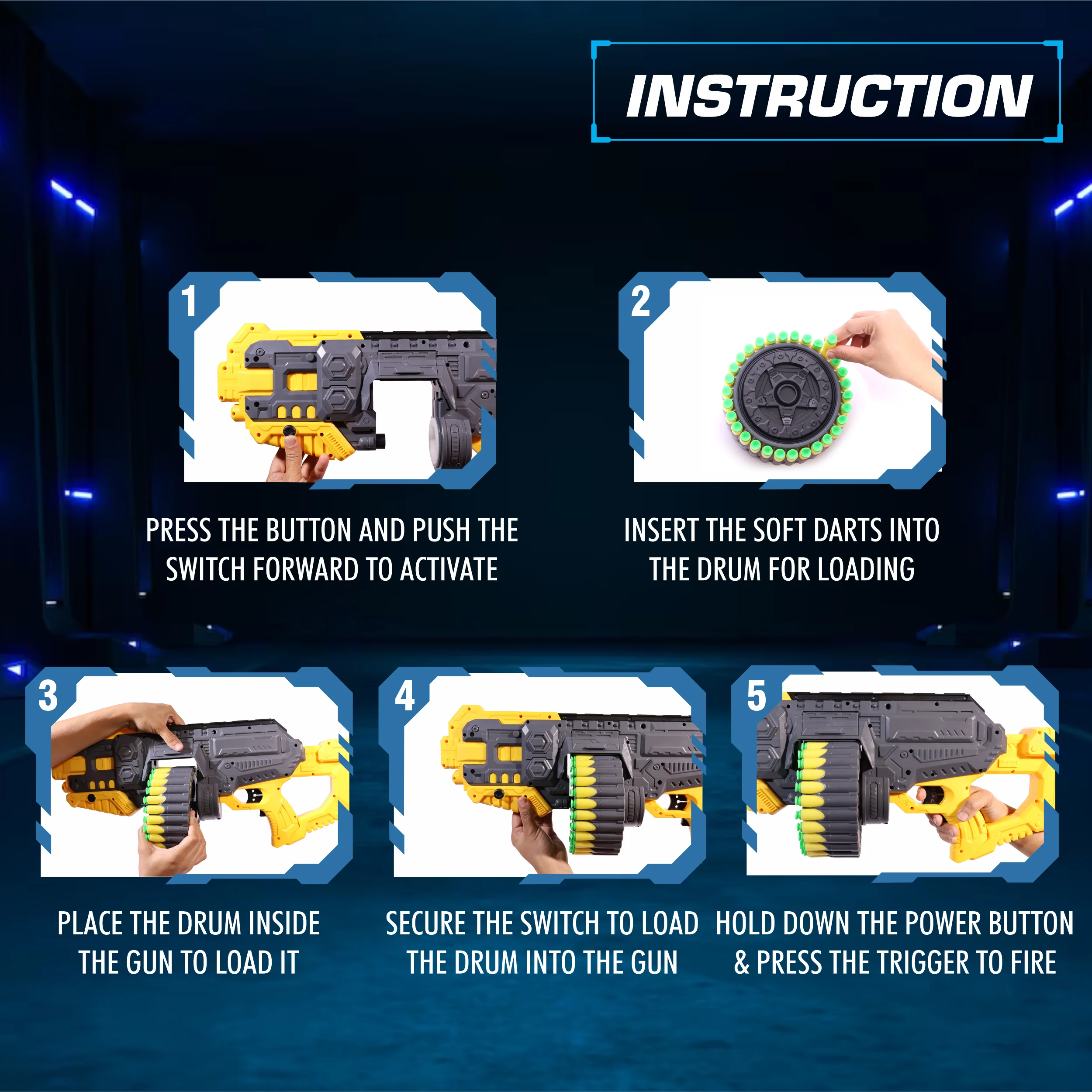 Chanak Motorized Dart Blaster Gun for Kids 5+ Years | 30 Foam Bullets, 60 Feet Range, Rechargeable – BIS Approved (Yellow-Grey) - Image 7