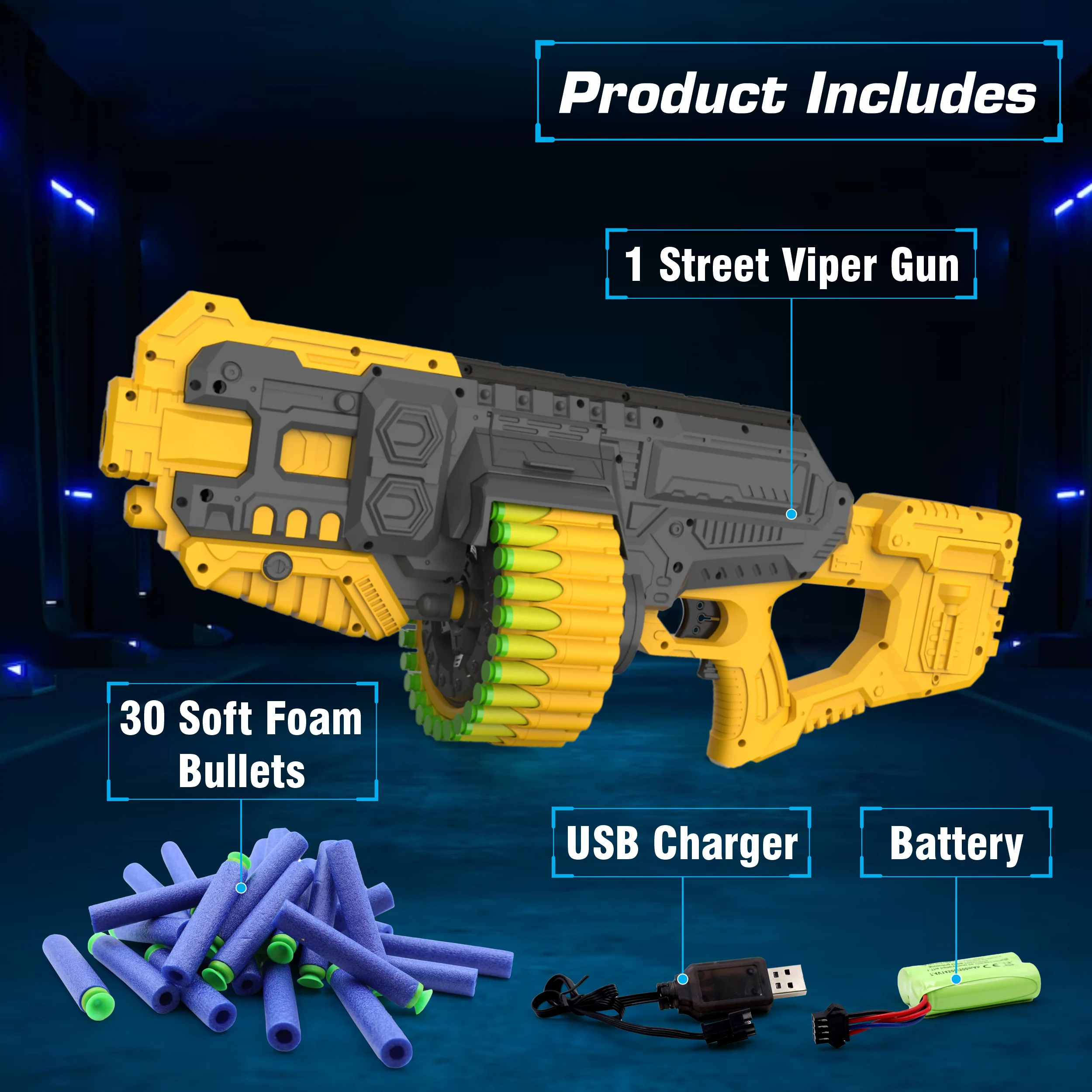 Chanak Motorized Dart Blaster Gun for Kids 5+ Years | 30 Foam Bullets, 60 Feet Range, Rechargeable – BIS Approved (Yellow-Grey) - Image 9