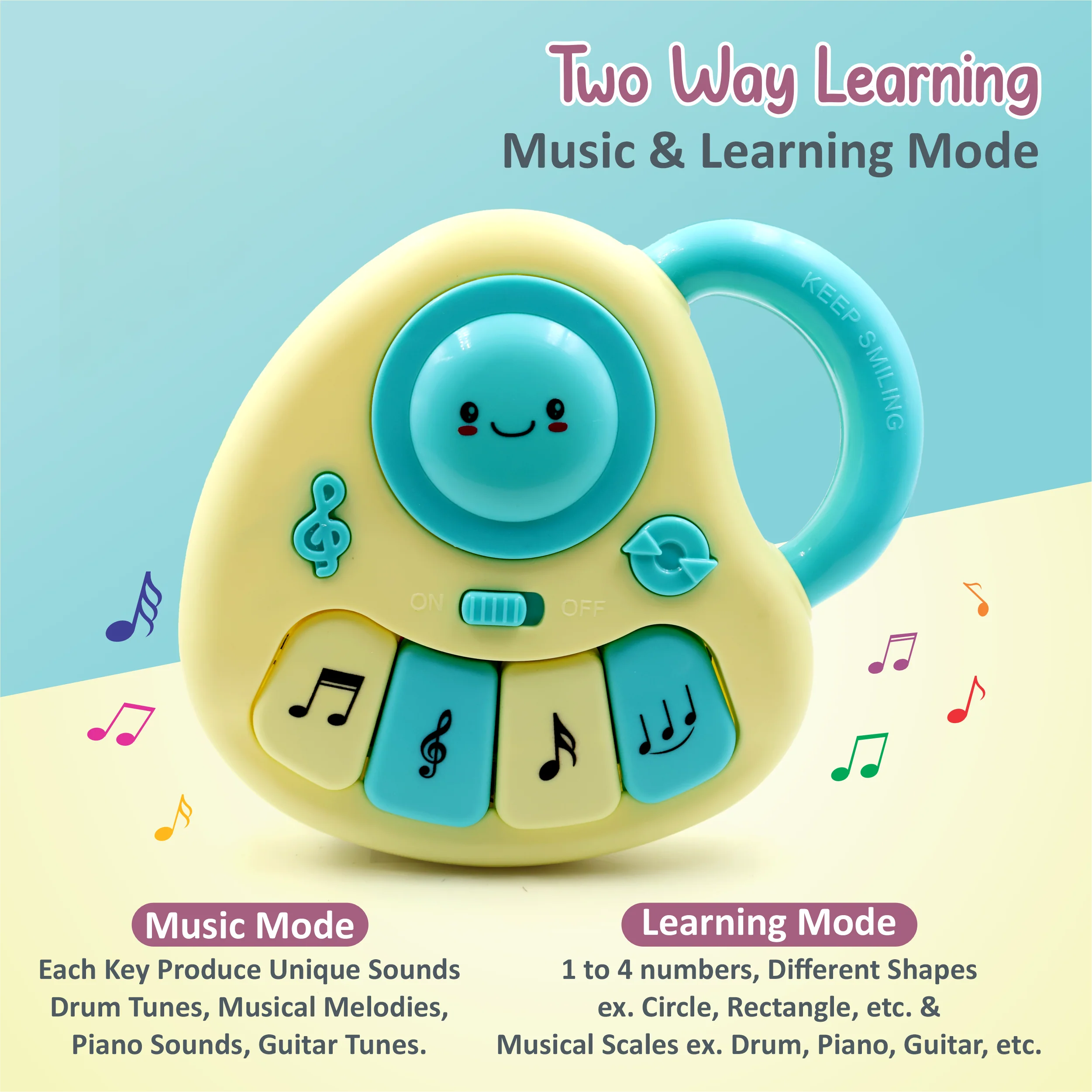 Chanak Baby Piano Musical Toy for 6-12 Months | 4 Keys, 31 Melodies with Flashing Lights – BIS Approved (Yellow/Blue) - Image 5
