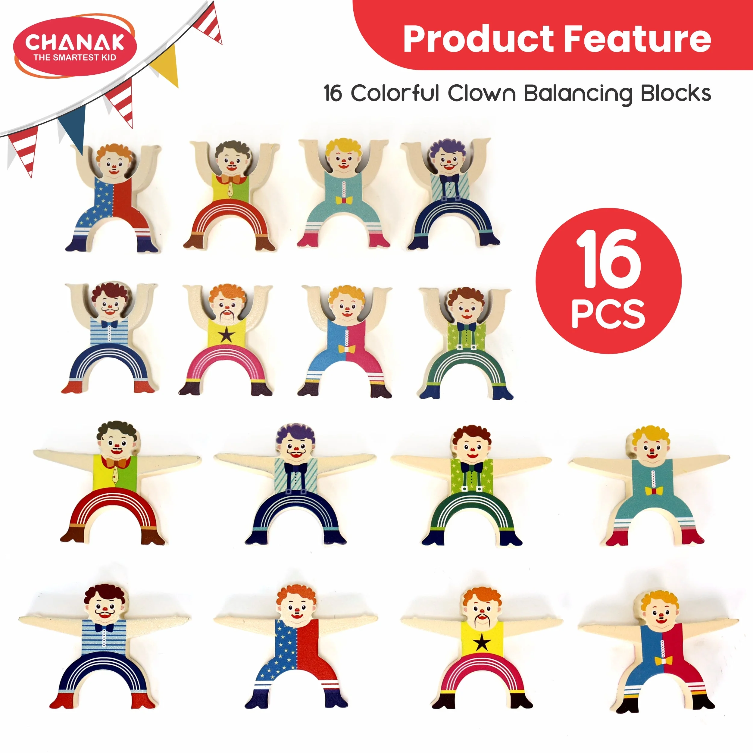 Chanak Wooden Human Balancing Toy for Kids 3+ Years | 16 Pcs Montessori Circus Clown Stacking Tower Game – BIS Approved - Image 4