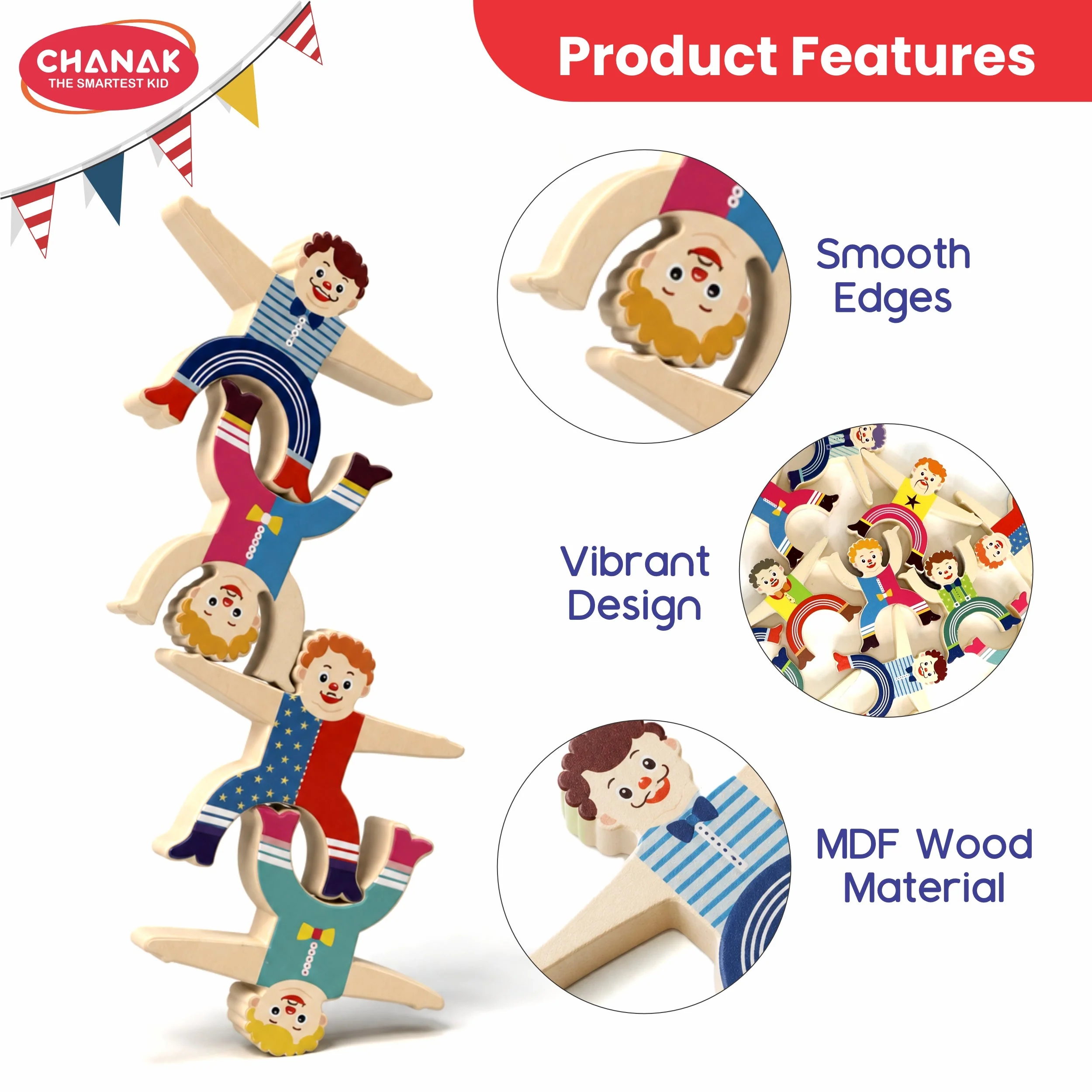 Chanak Wooden Human Balancing Toy for Kids 3+ Years | 16 Pcs Montessori Circus Clown Stacking Tower Game – BIS Approved - Image 5
