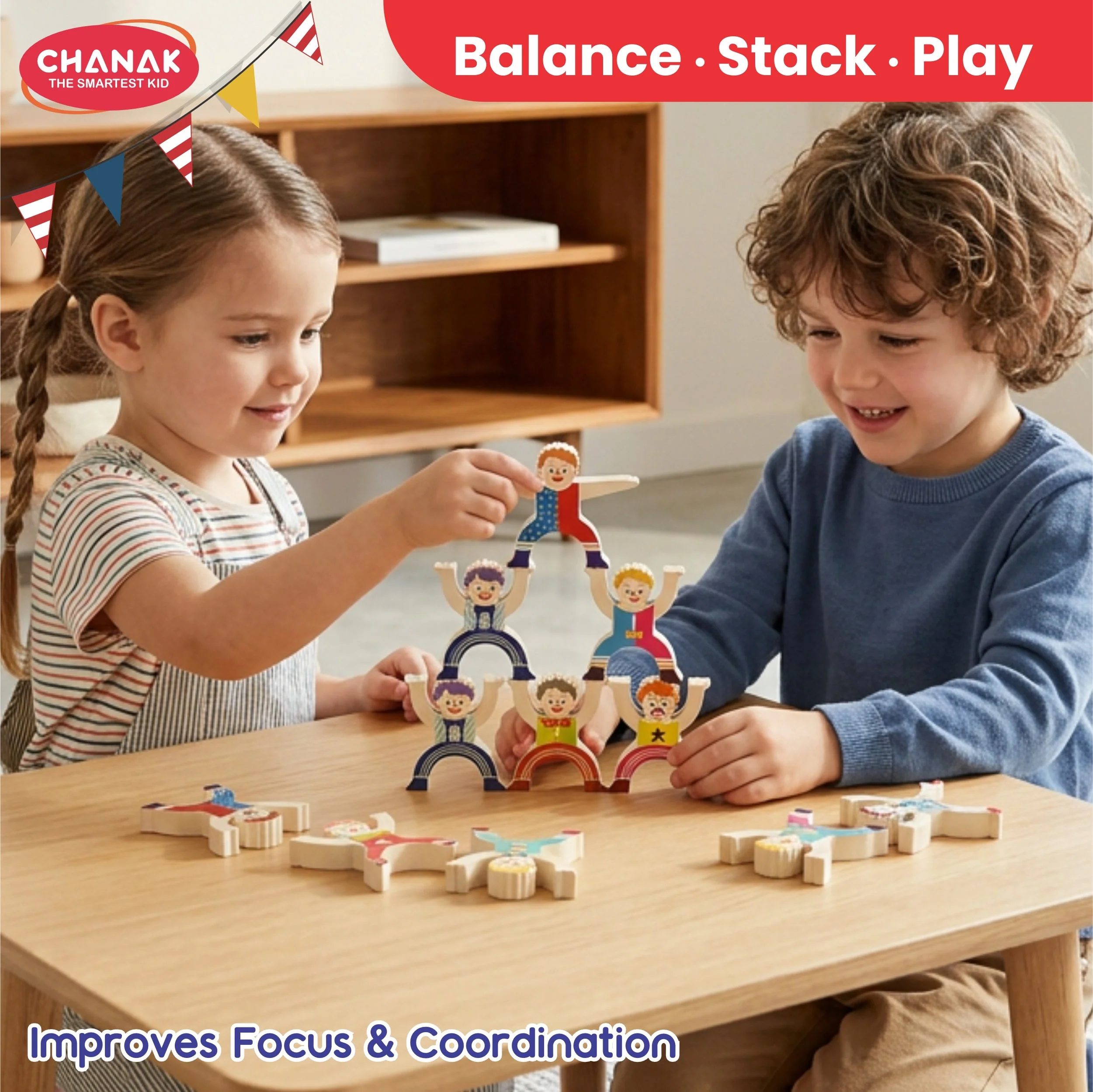 Chanak Wooden Human Balancing Toy for Kids 3+ Years | 16 Pcs Montessori Circus Clown Stacking Tower Game – BIS Approved - Image 9