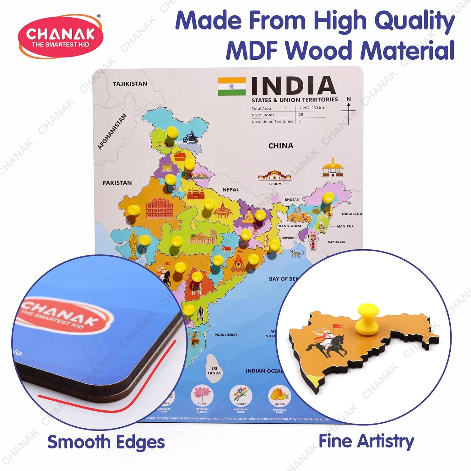 Chanak Wooden India Map Puzzle for Kids 2+ Years | 18 Pc States Montessori Learning Board – BIS Approved