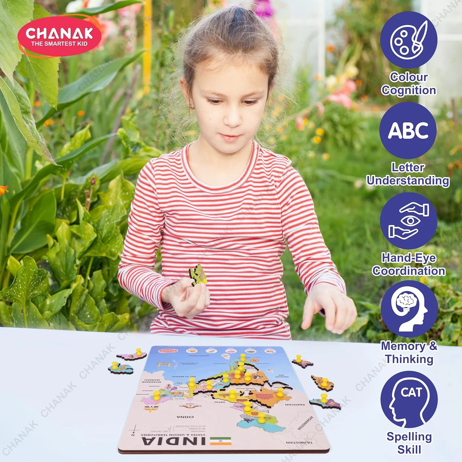 Chanak Wooden India Map Puzzle for Kids 2+ Years | 18 Pc States Montessori Learning Board – BIS Approved - Image 4