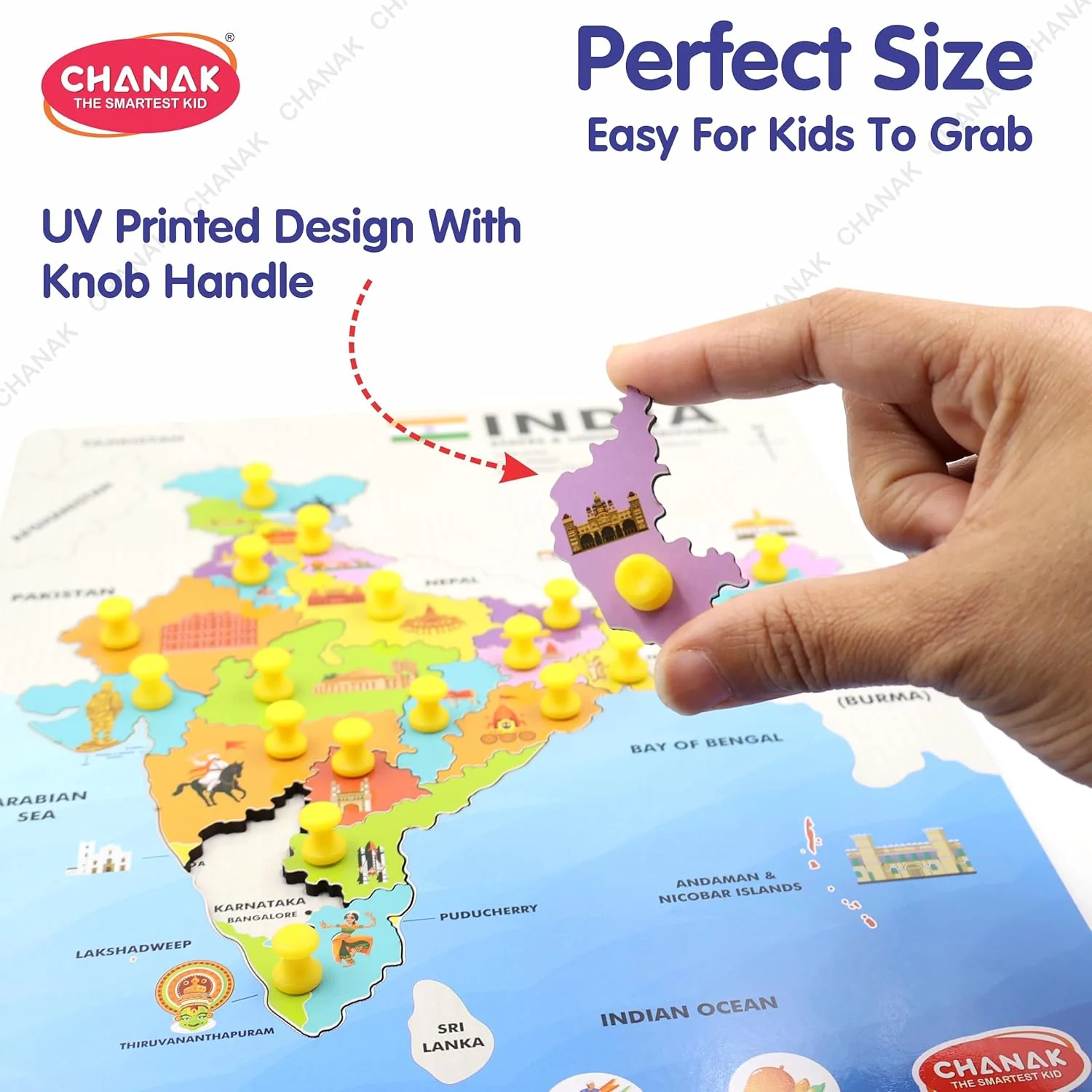 Chanak Wooden India Map Puzzle for Kids 2+ Years | 18 Pc States Montessori Learning Board – BIS Approved - Image 5