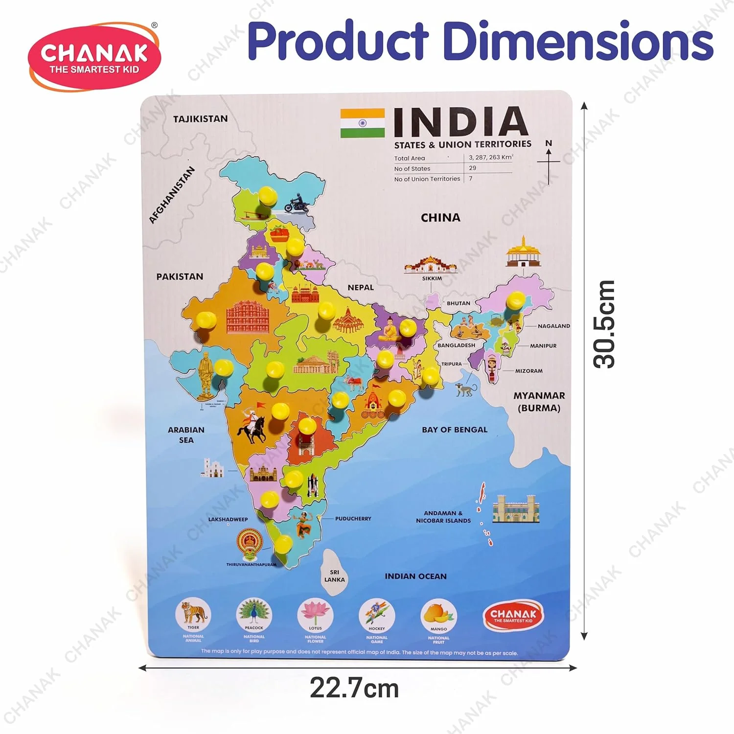 Chanak Wooden India Map Puzzle for Kids 2+ Years | 18 Pc States Montessori Learning Board – BIS Approved - Image 6