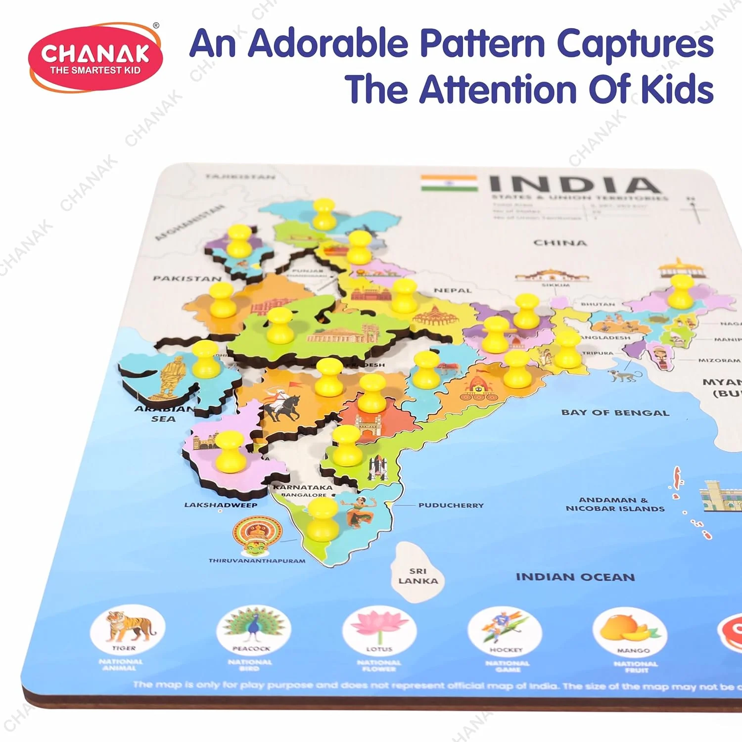 Chanak Wooden India Map Puzzle for Kids 2+ Years | 18 Pc States Montessori Learning Board – BIS Approved - Image 7
