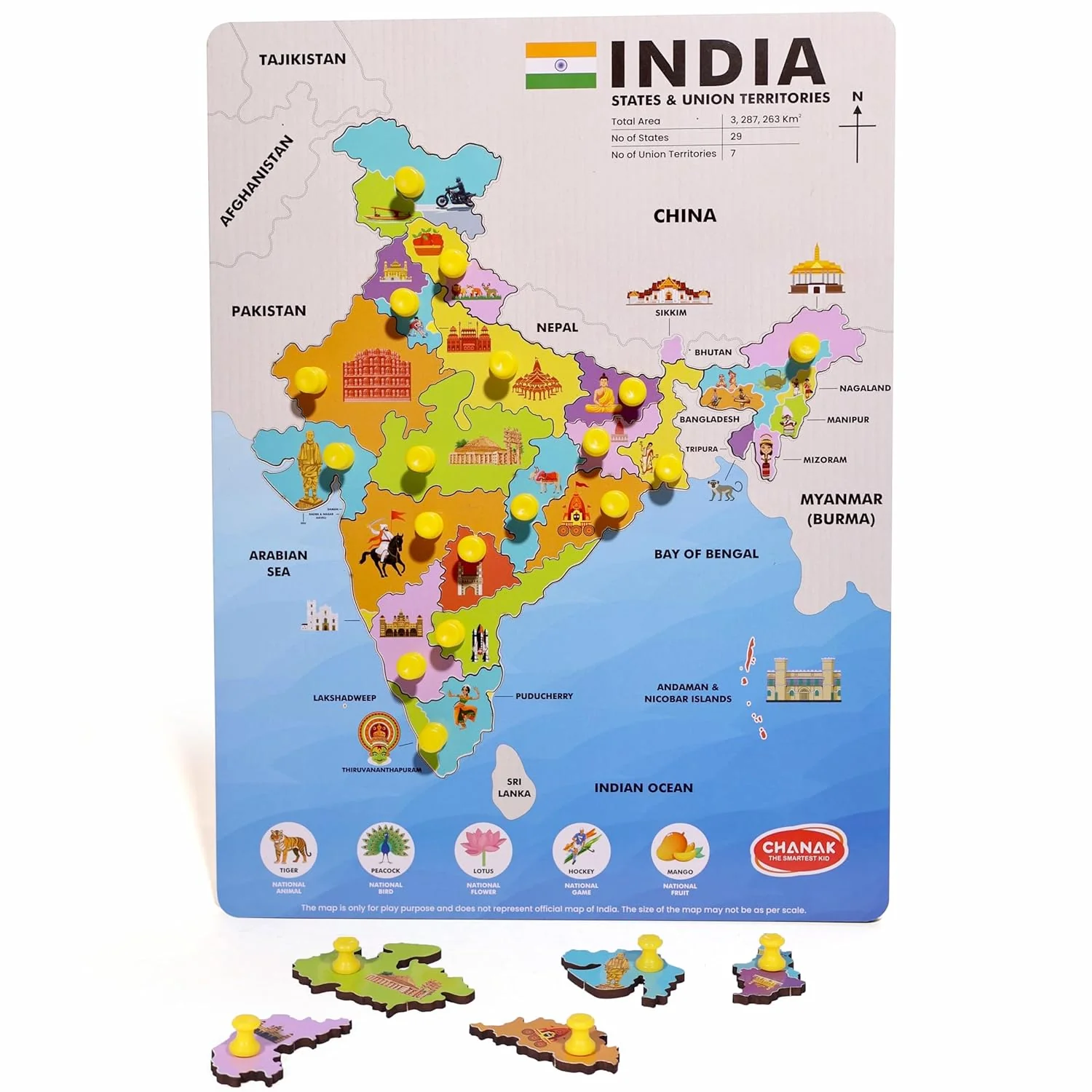 Chanak Wooden India Map Puzzle for Kids 2+ Years | 18 Pc States Montessori Learning Board – BIS Approved - Image 8