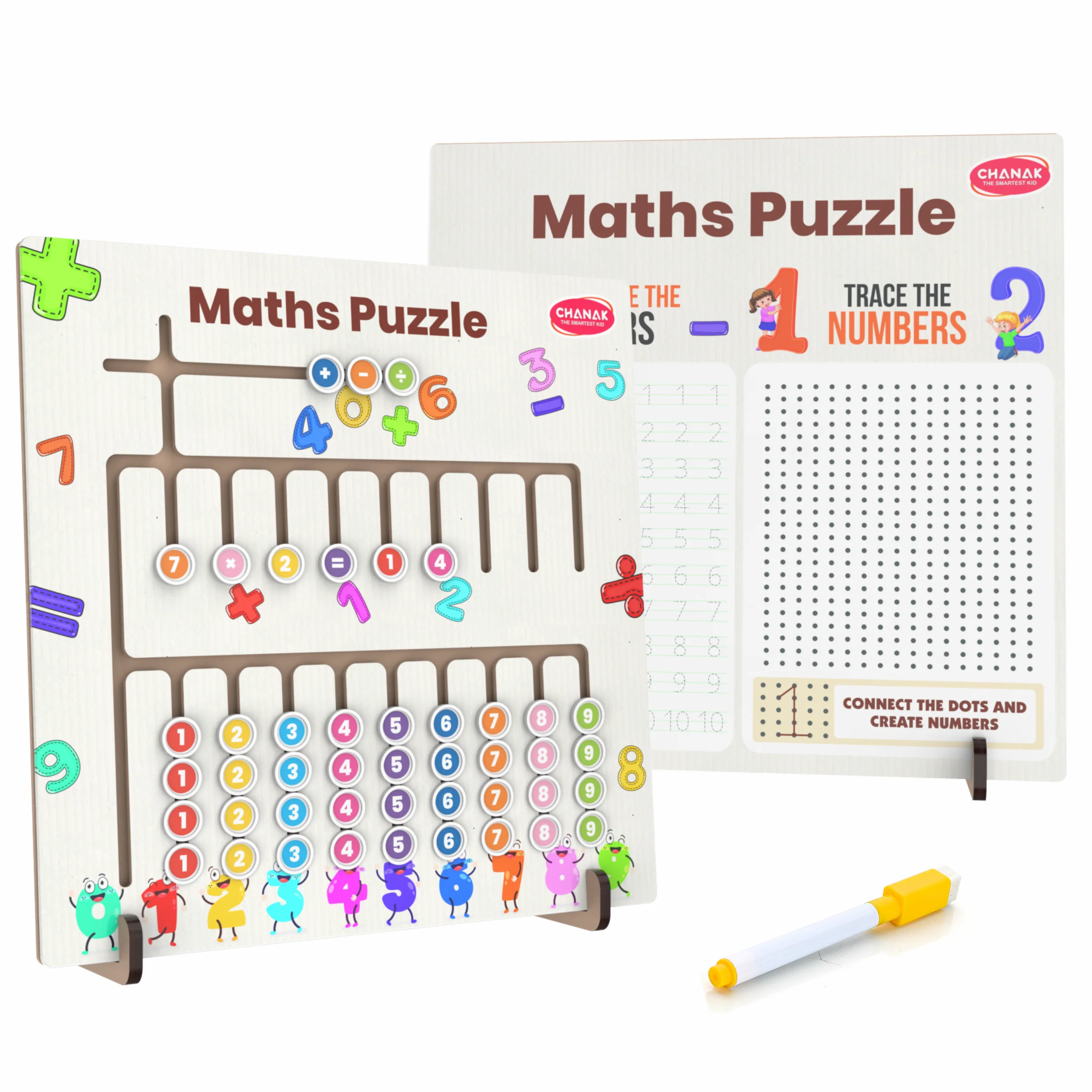 Chanak 3-in-1 Wooden Math Learning Board for Kids 3+ Years | Number Tracing, Dot-to-Dot & Math Puzzle – BIS Approved