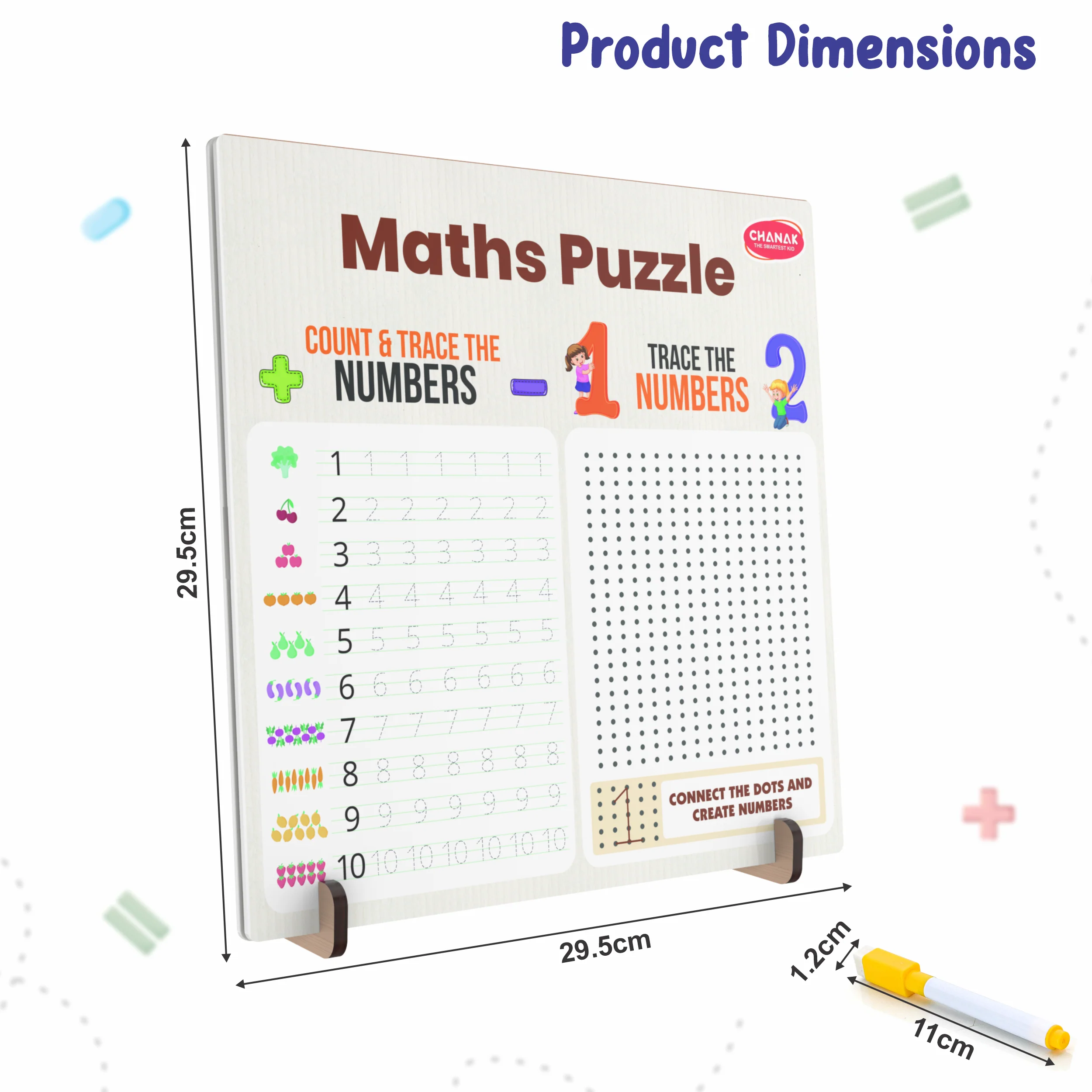 Chanak 3-in-1 Wooden Math Learning Board for Kids 3+ Years | Number Tracing, Dot-to-Dot & Math Puzzle – BIS Approved - Image 2